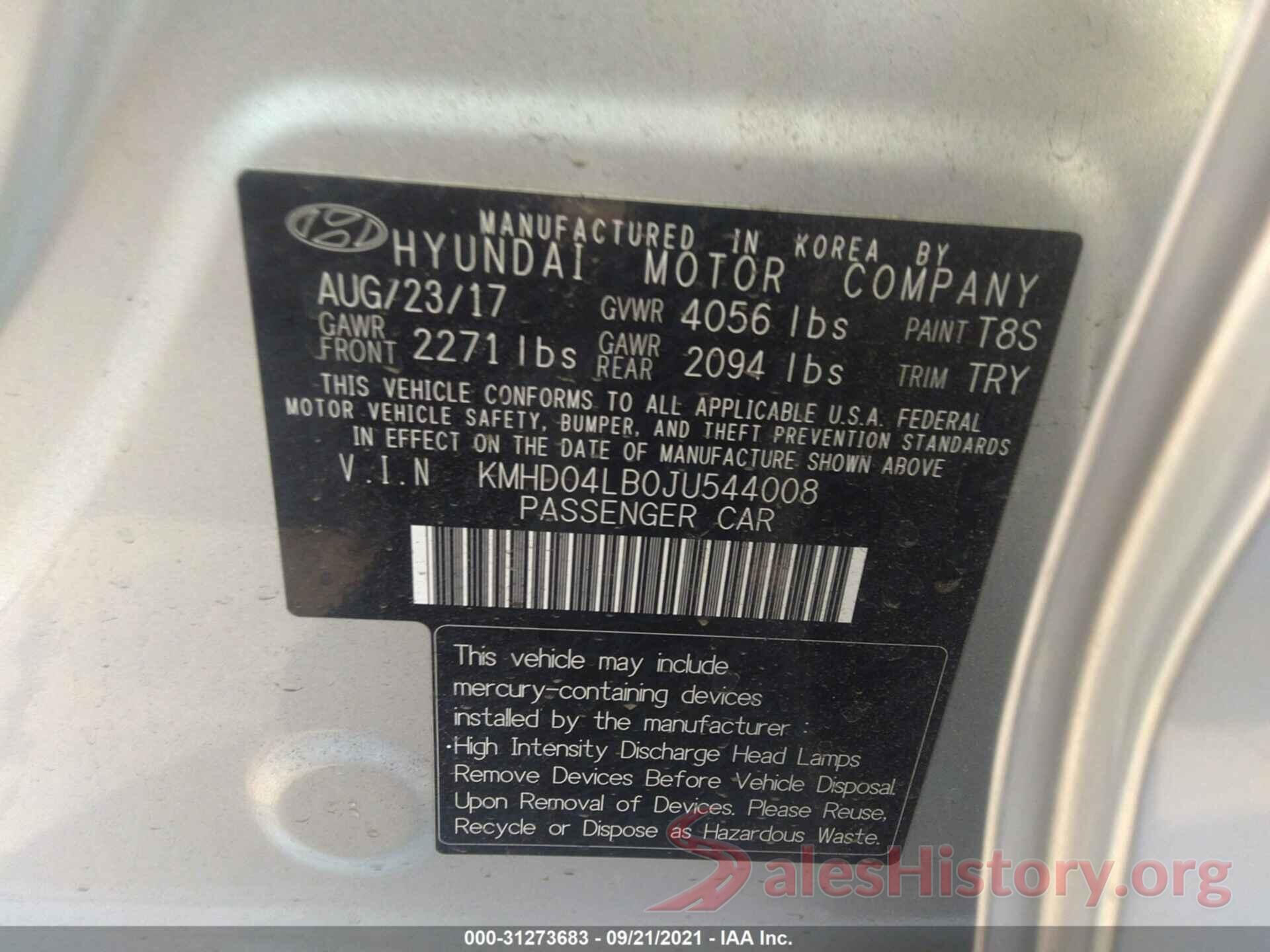 KMHD04LB0JU544008 2018 HYUNDAI ELANTRA