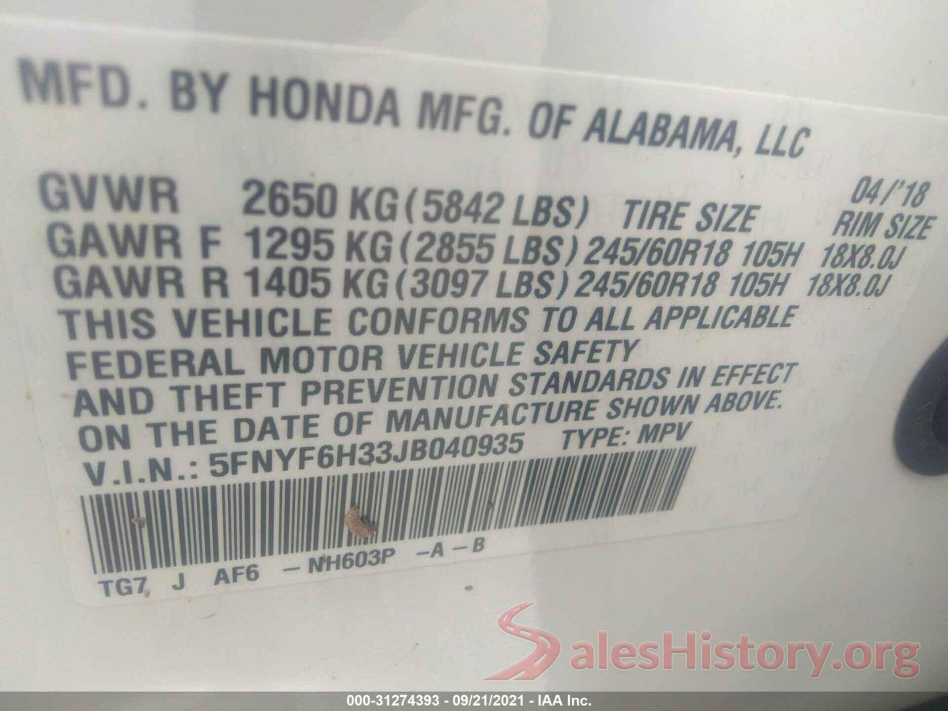 5FNYF6H33JB040935 2018 HONDA PILOT