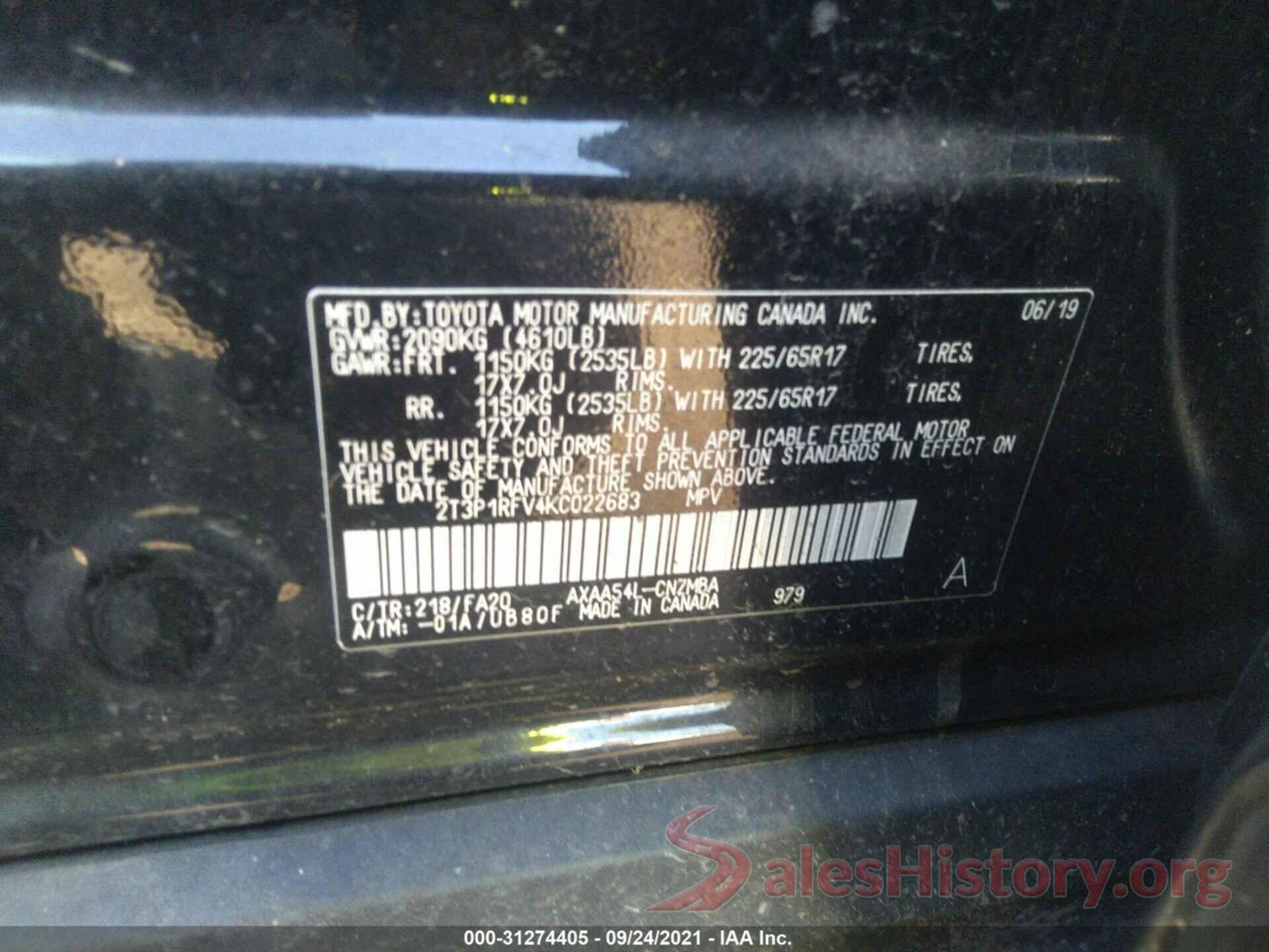 2T3P1RFV4KC022683 2019 TOYOTA RAV4