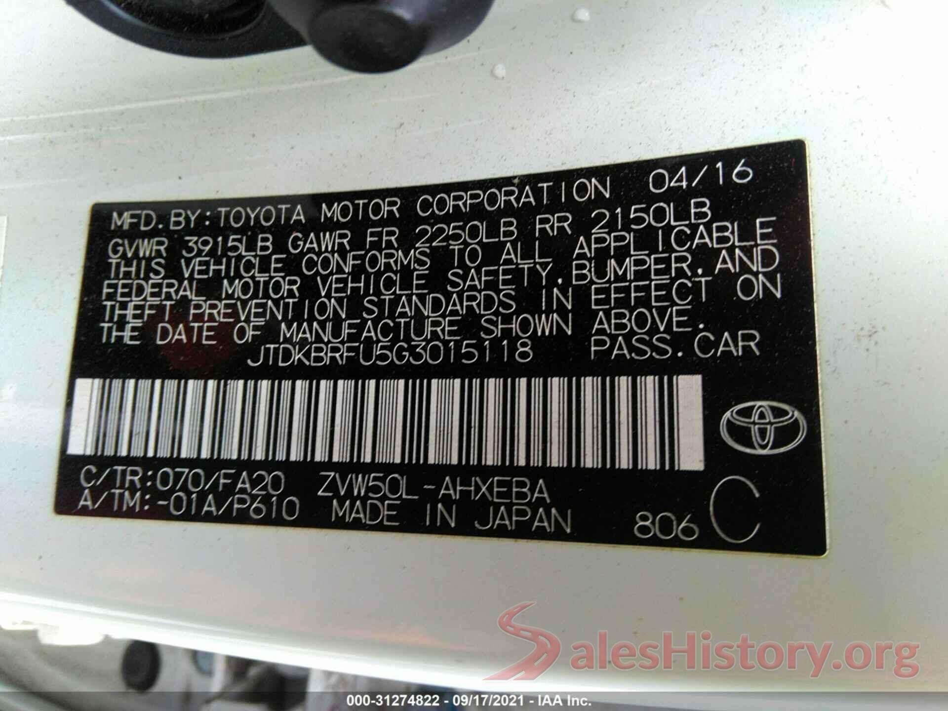 JTDKBRFU5G3015118 2016 TOYOTA PRIUS