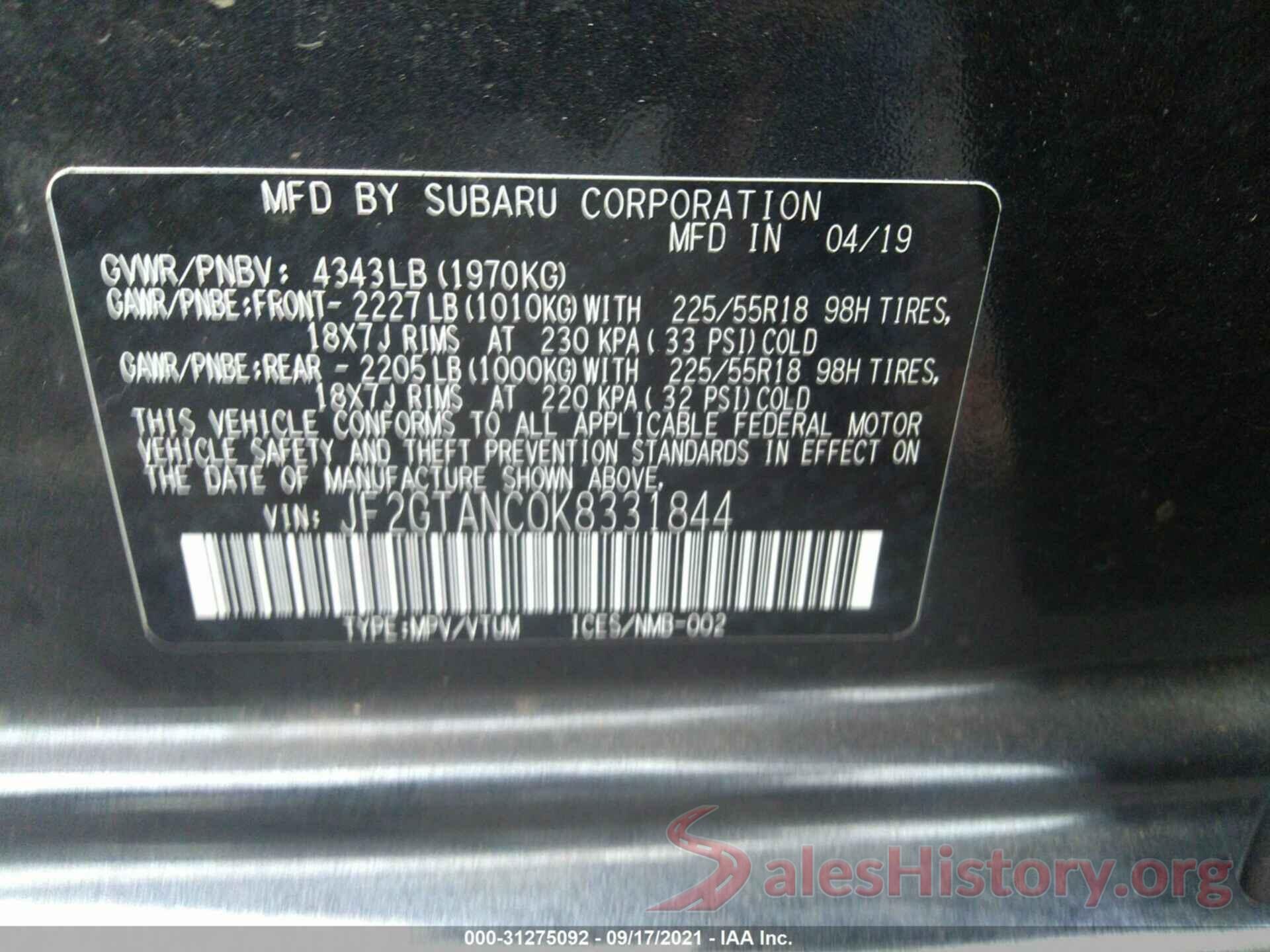 JF2GTANC0K8331844 2019 SUBARU CROSSTREK