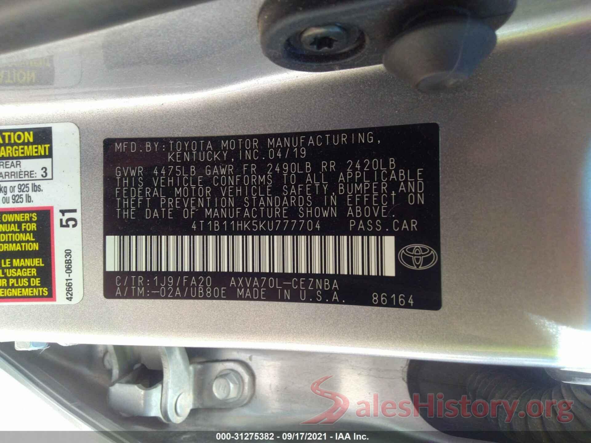 4T1B11HK5KU777704 2019 TOYOTA CAMRY