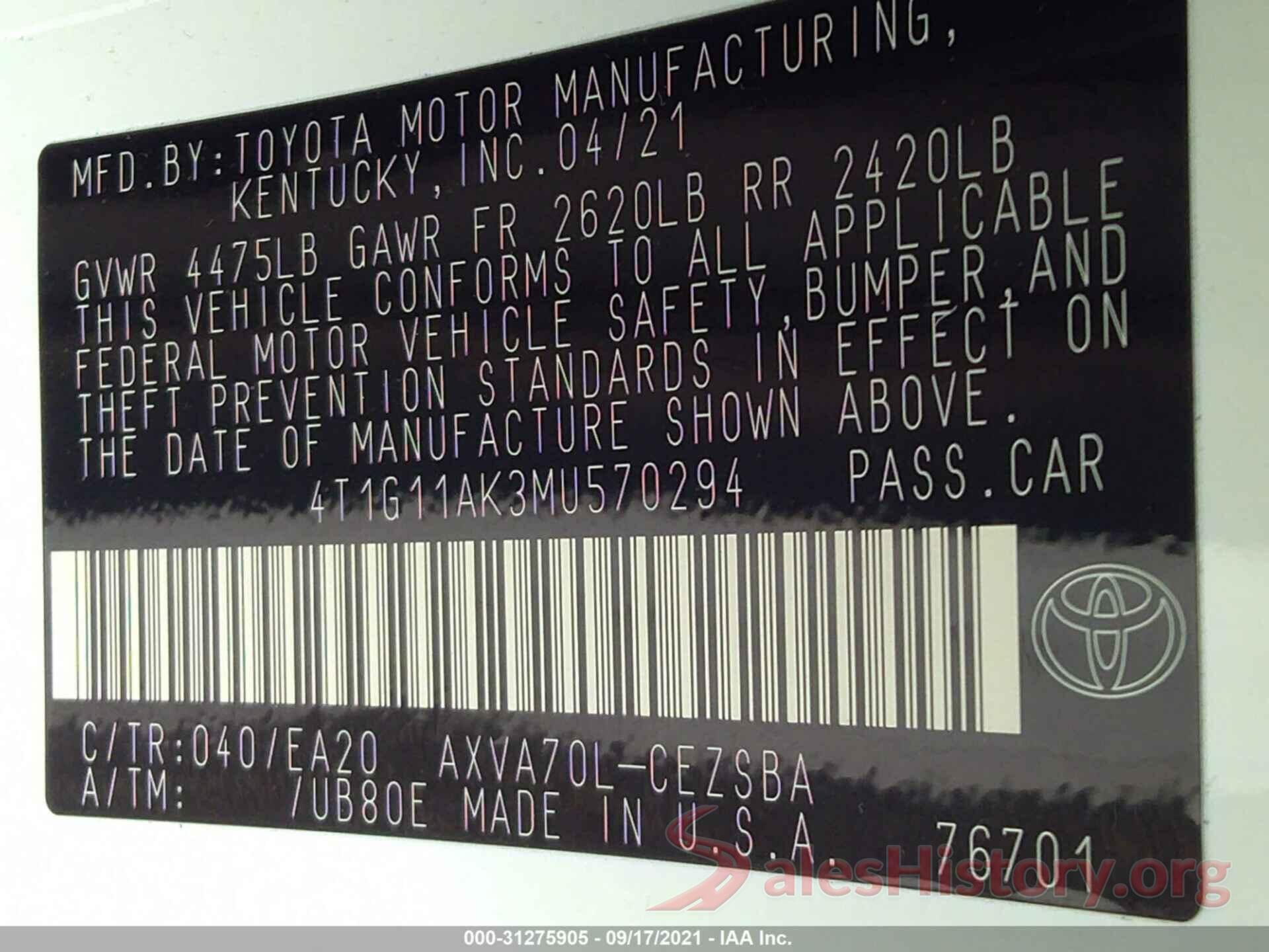 4T1G11AK3MU570294 2021 TOYOTA CAMRY