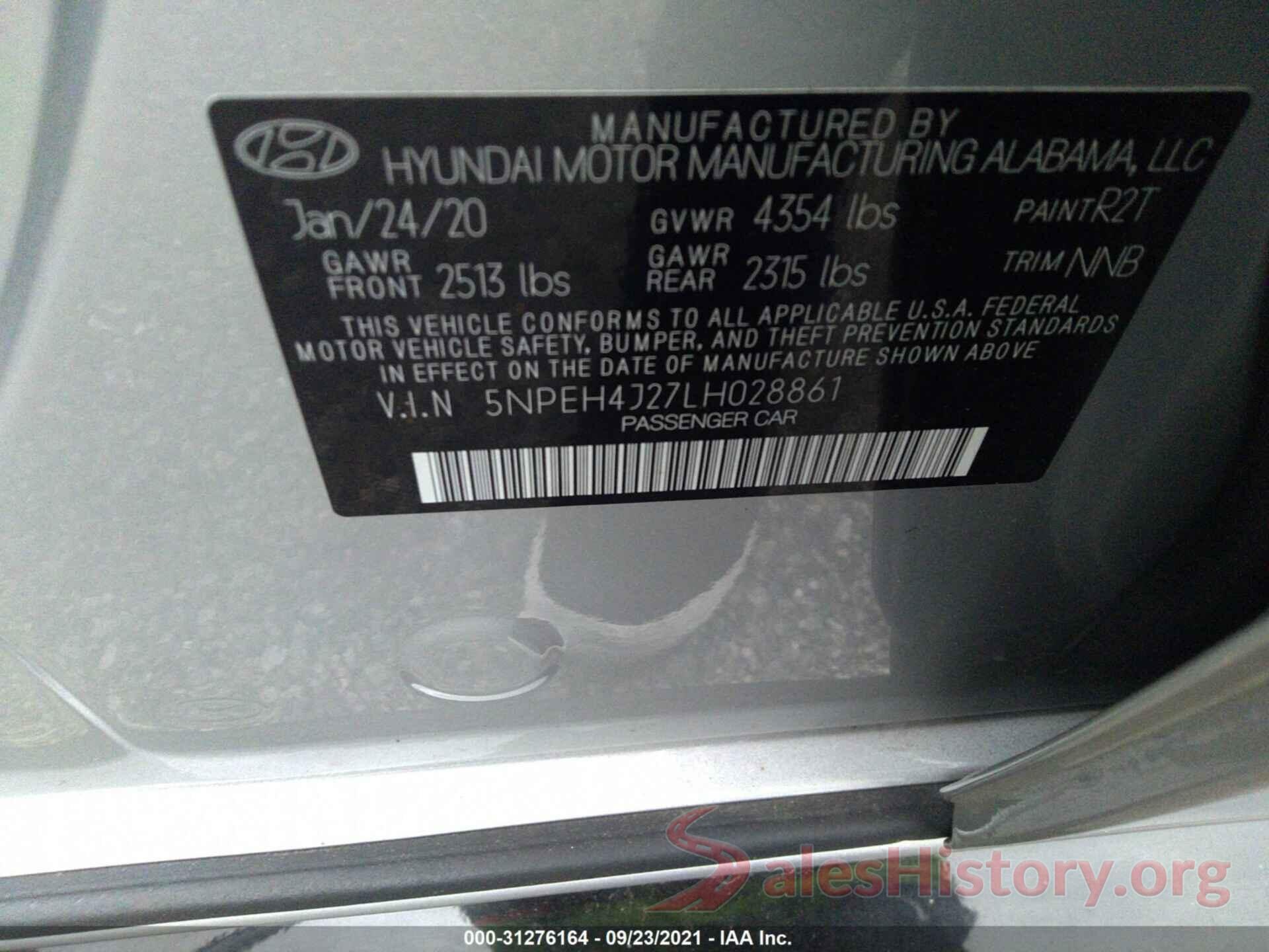 5NPEH4J27LH028861 2020 HYUNDAI SONATA