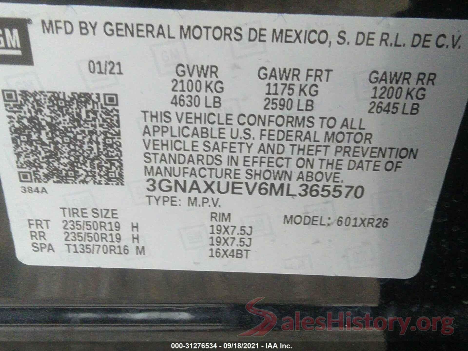 3GNAXUEV6ML365570 2021 CHEVROLET EQUINOX