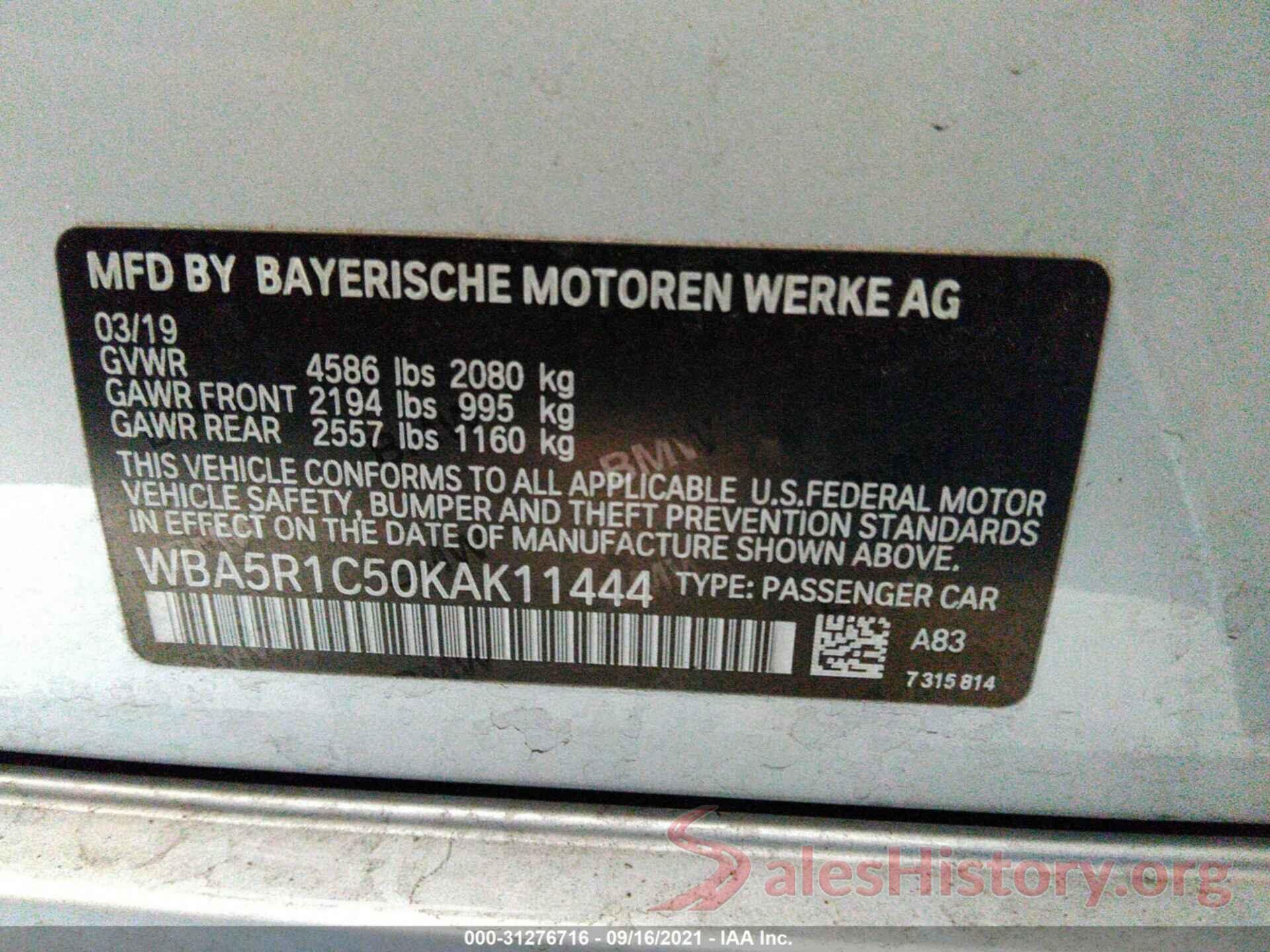 WBA5R1C50KAK11444 2019 BMW 3 SERIES