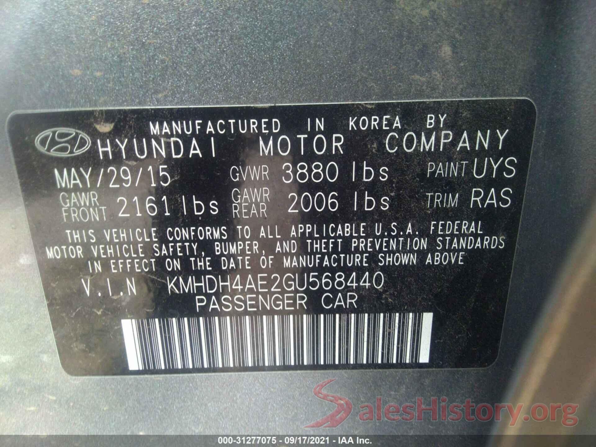 KMHDH4AEZGU568440 2016 HYUNDAI ELANTRA