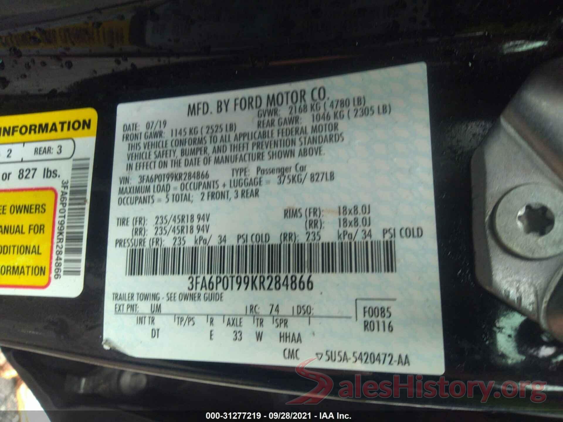 3FA6P0T99KR284866 2019 FORD FUSION