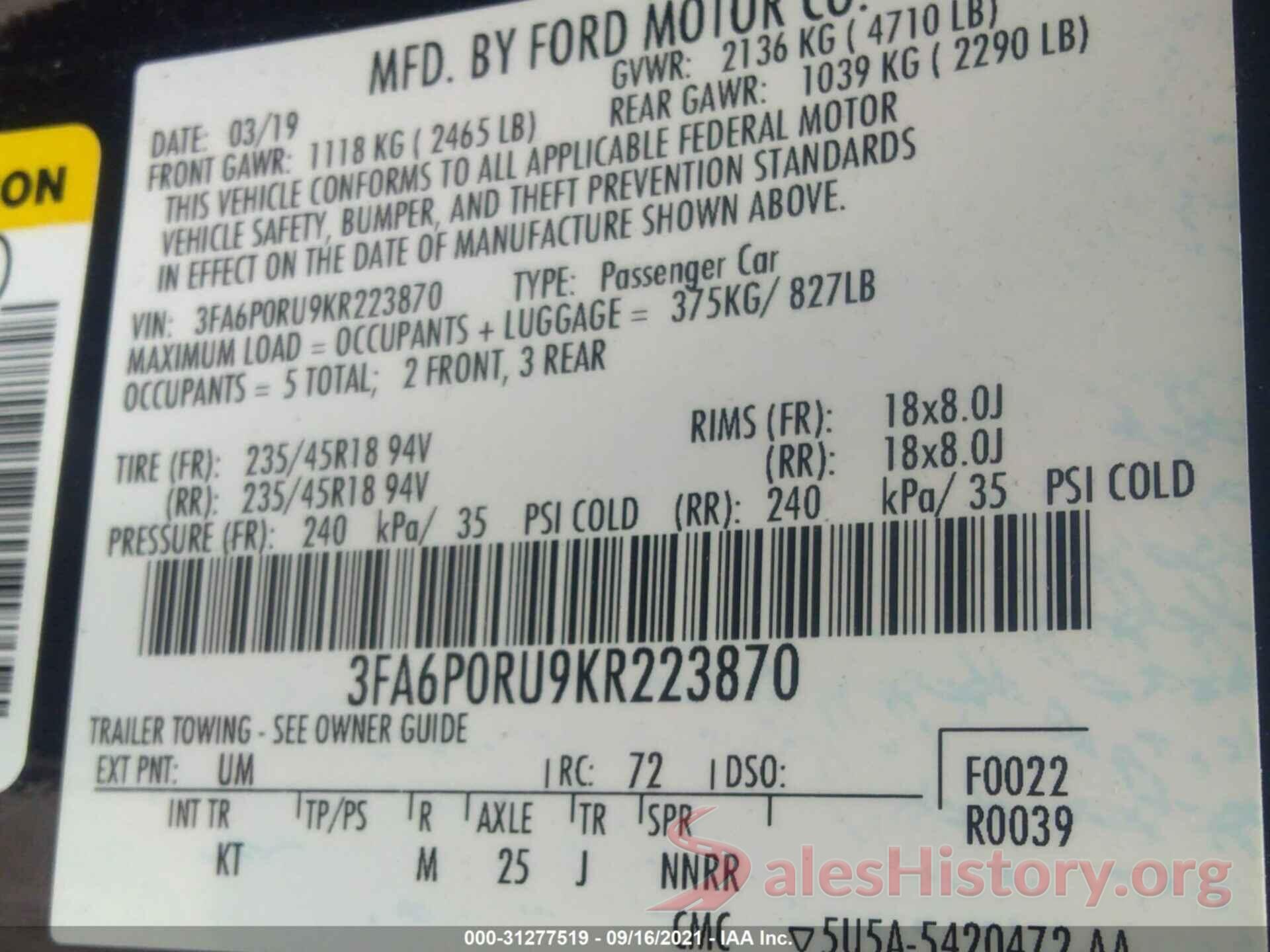 3FA6P0RU9KR223870 2019 FORD FUSION HYBRID