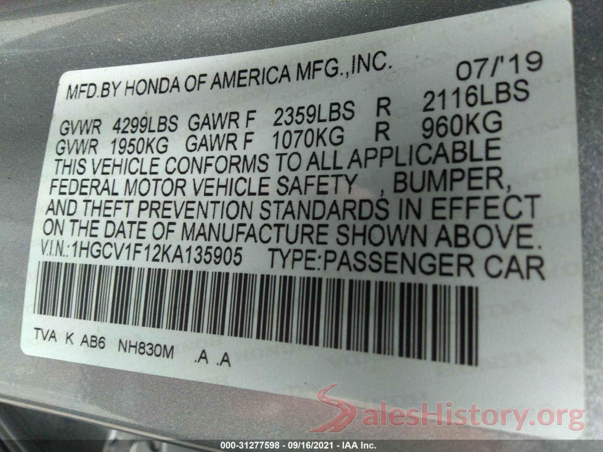 1HGCV1F12KA135905 2019 HONDA ACCORD SEDAN