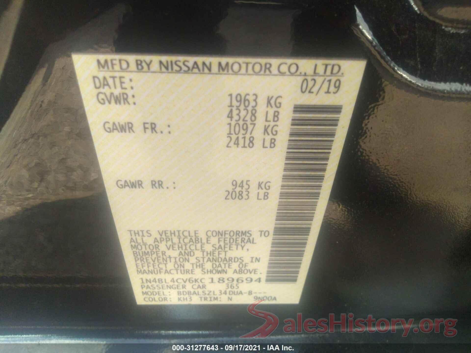 1N4BL4CV6KC189694 2019 NISSAN ALTIMA