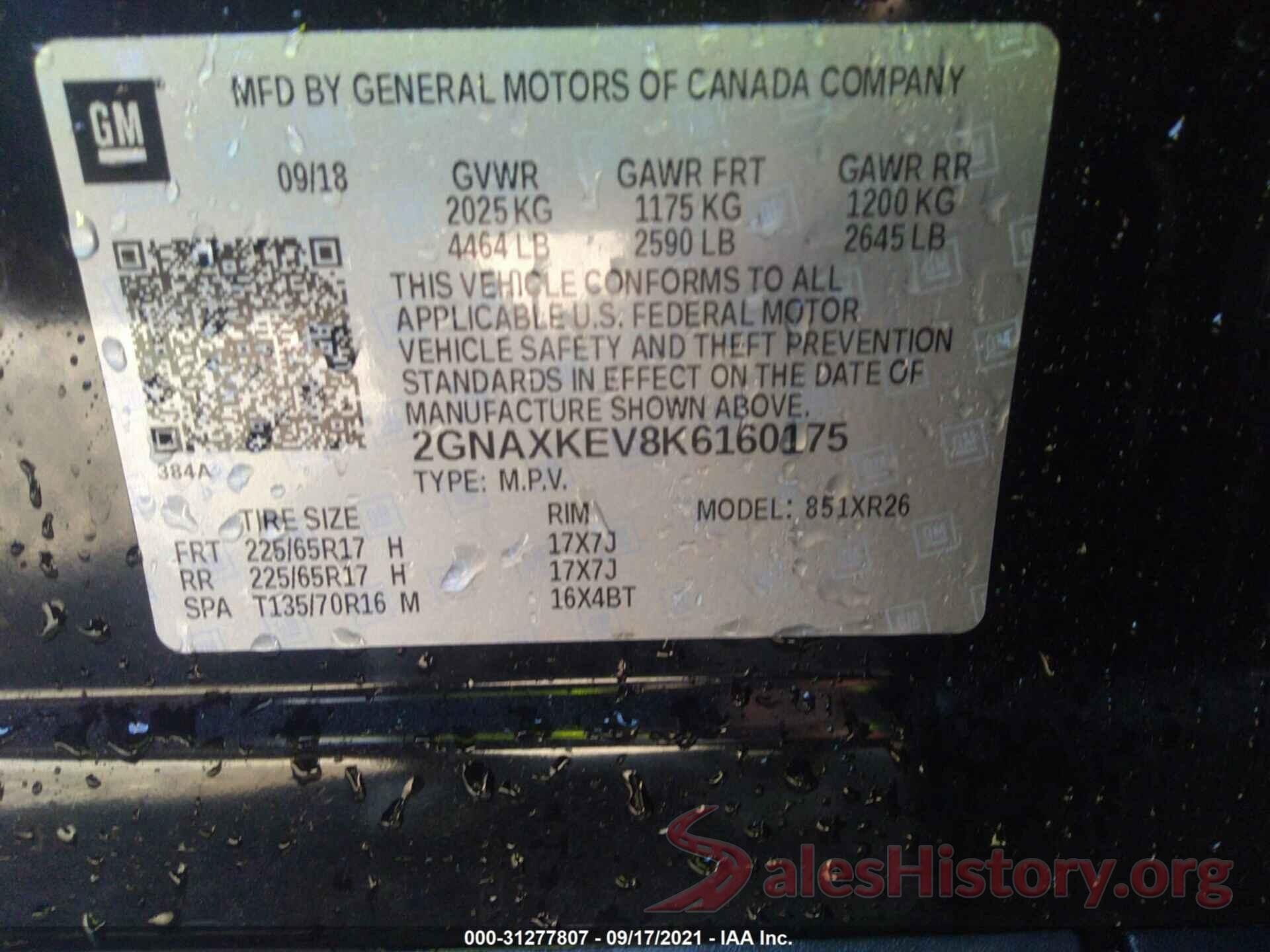 2GNAXKEV8K6160175 2019 CHEVROLET EQUINOX