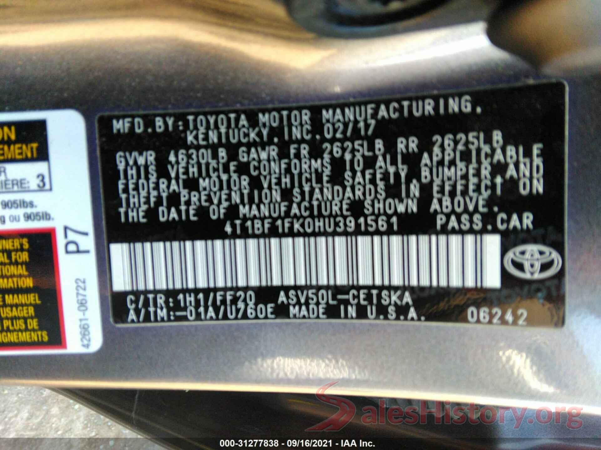 4T1BF1FK0HU391561 2017 TOYOTA CAMRY