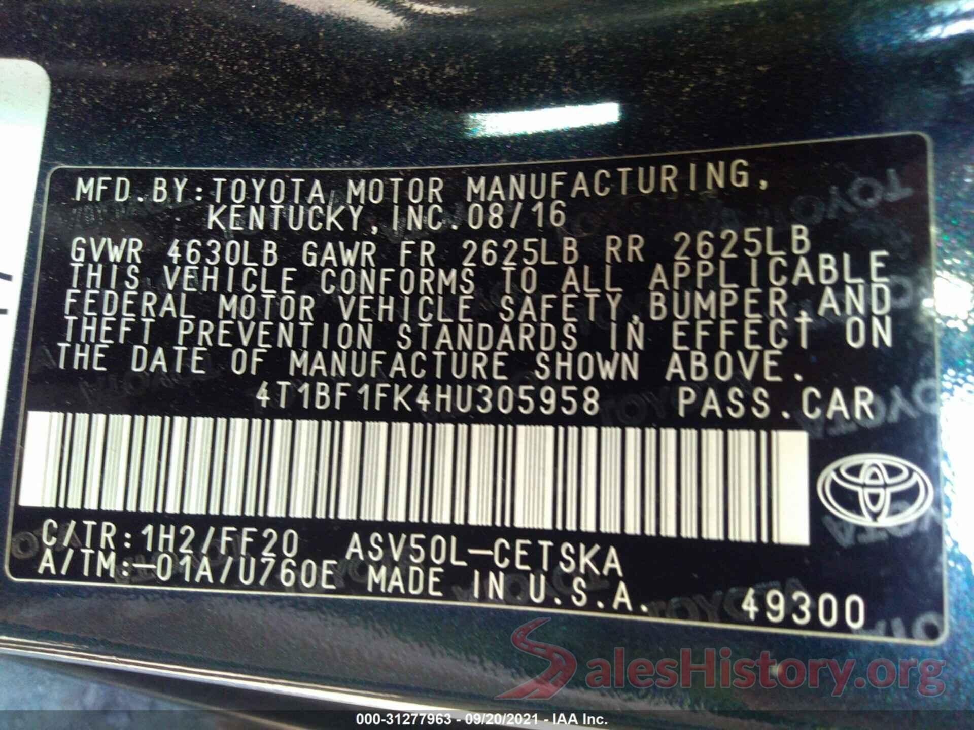 4T1BF1FK4HU305958 2017 TOYOTA CAMRY