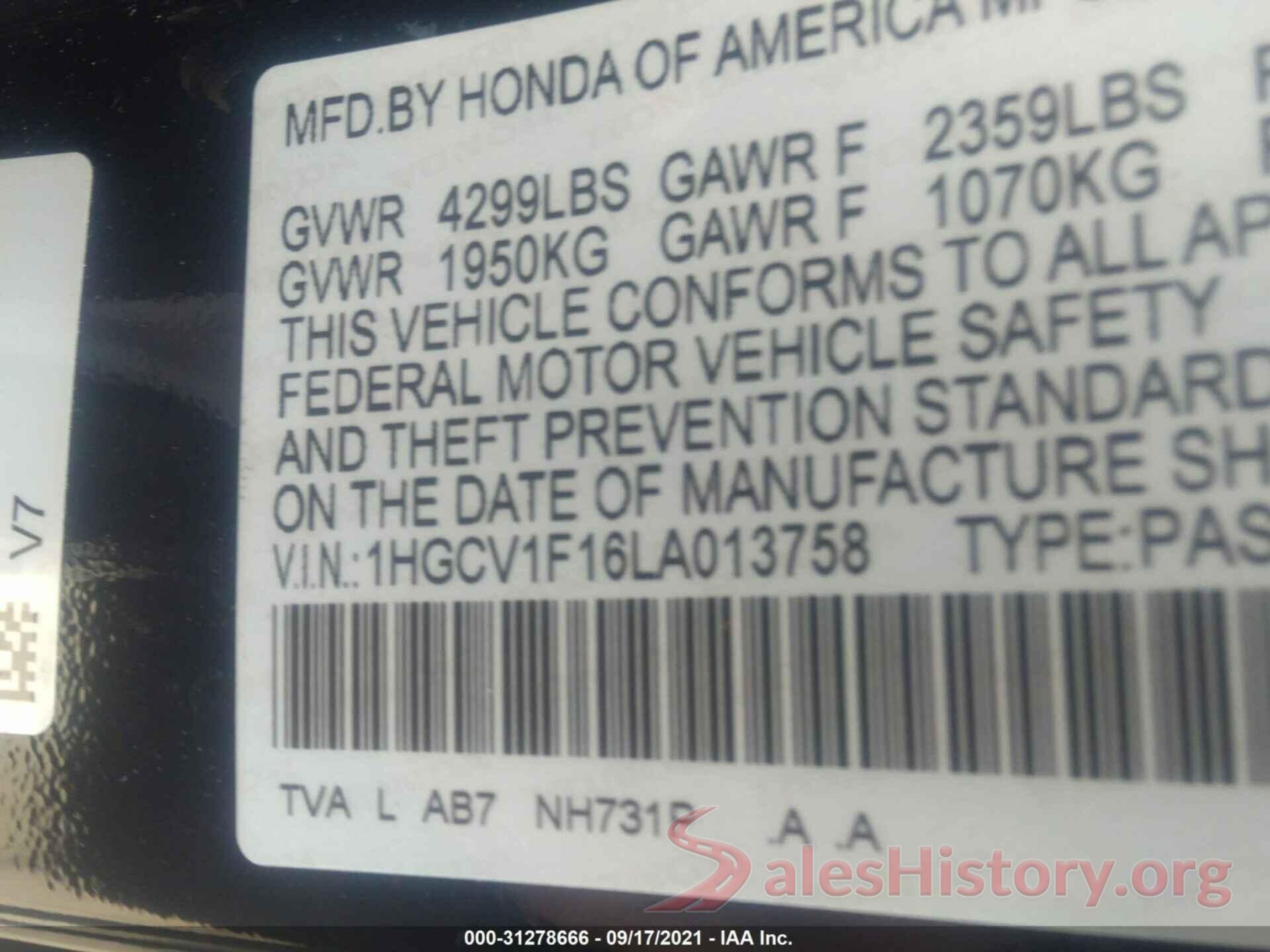 1HGCV1F16LA013758 2020 HONDA ACCORD SEDAN