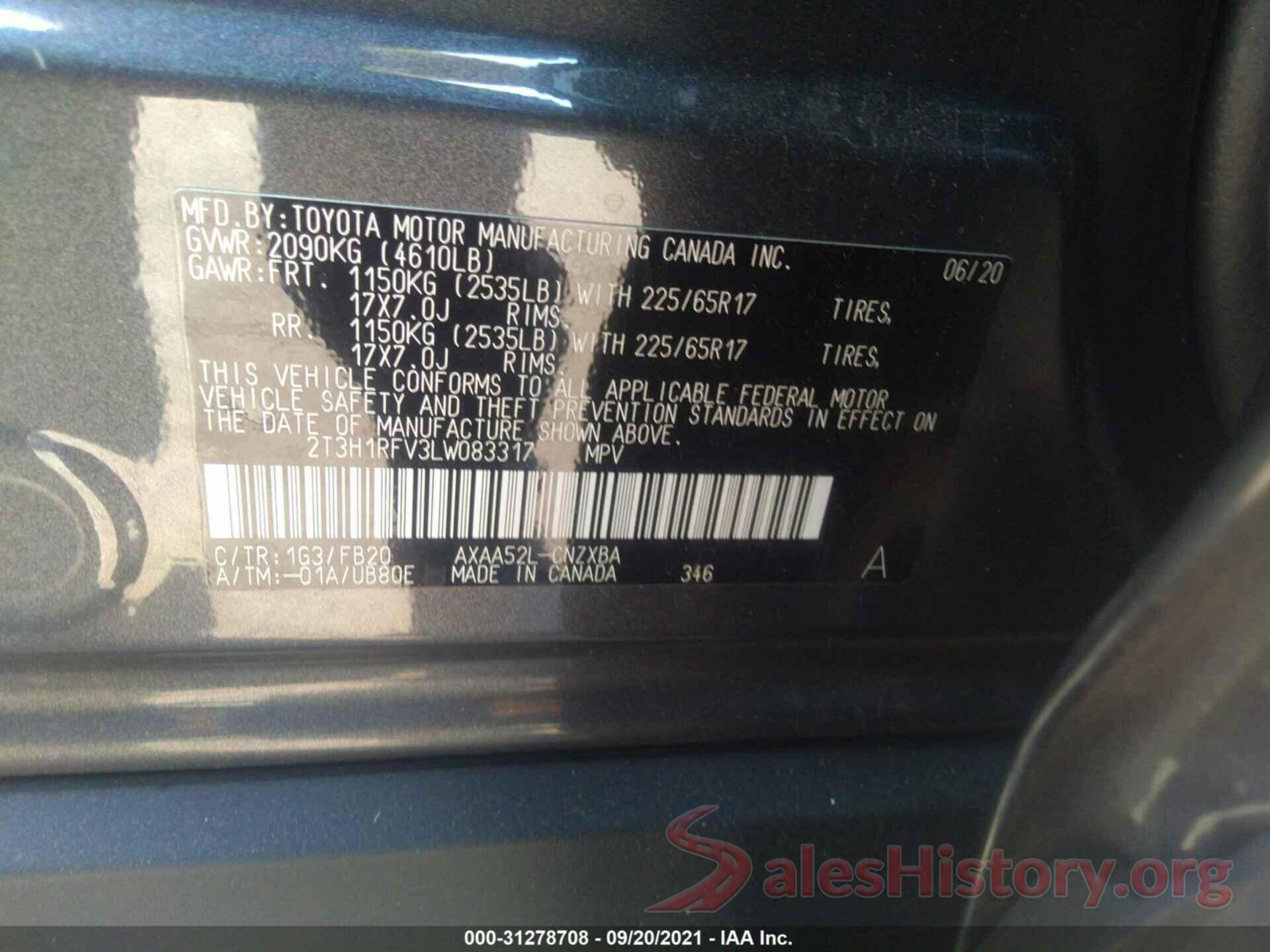 2T3H1RFV3LW083317 2020 TOYOTA RAV4