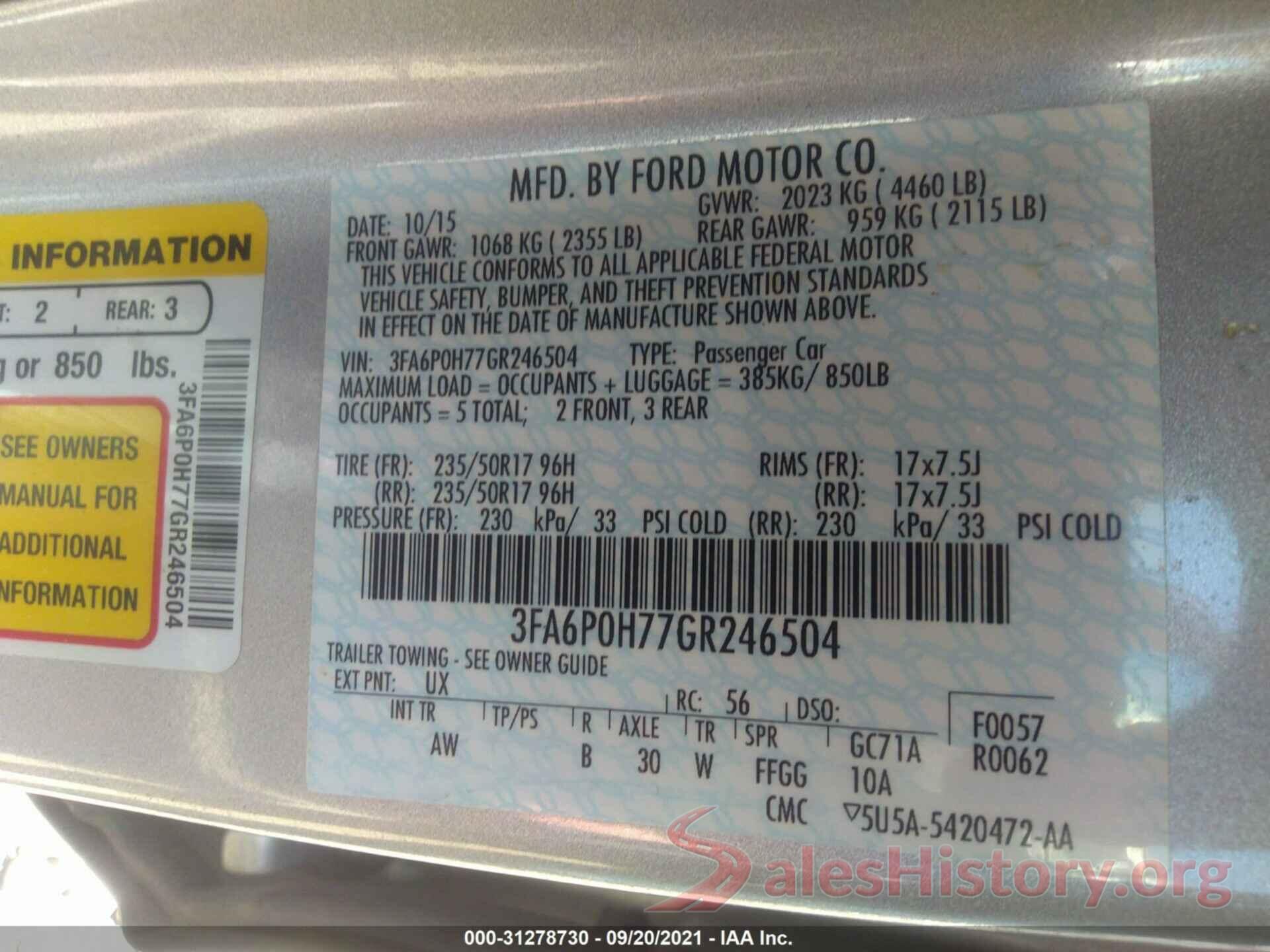 3FA6P0H77GR246504 2016 FORD FUSION