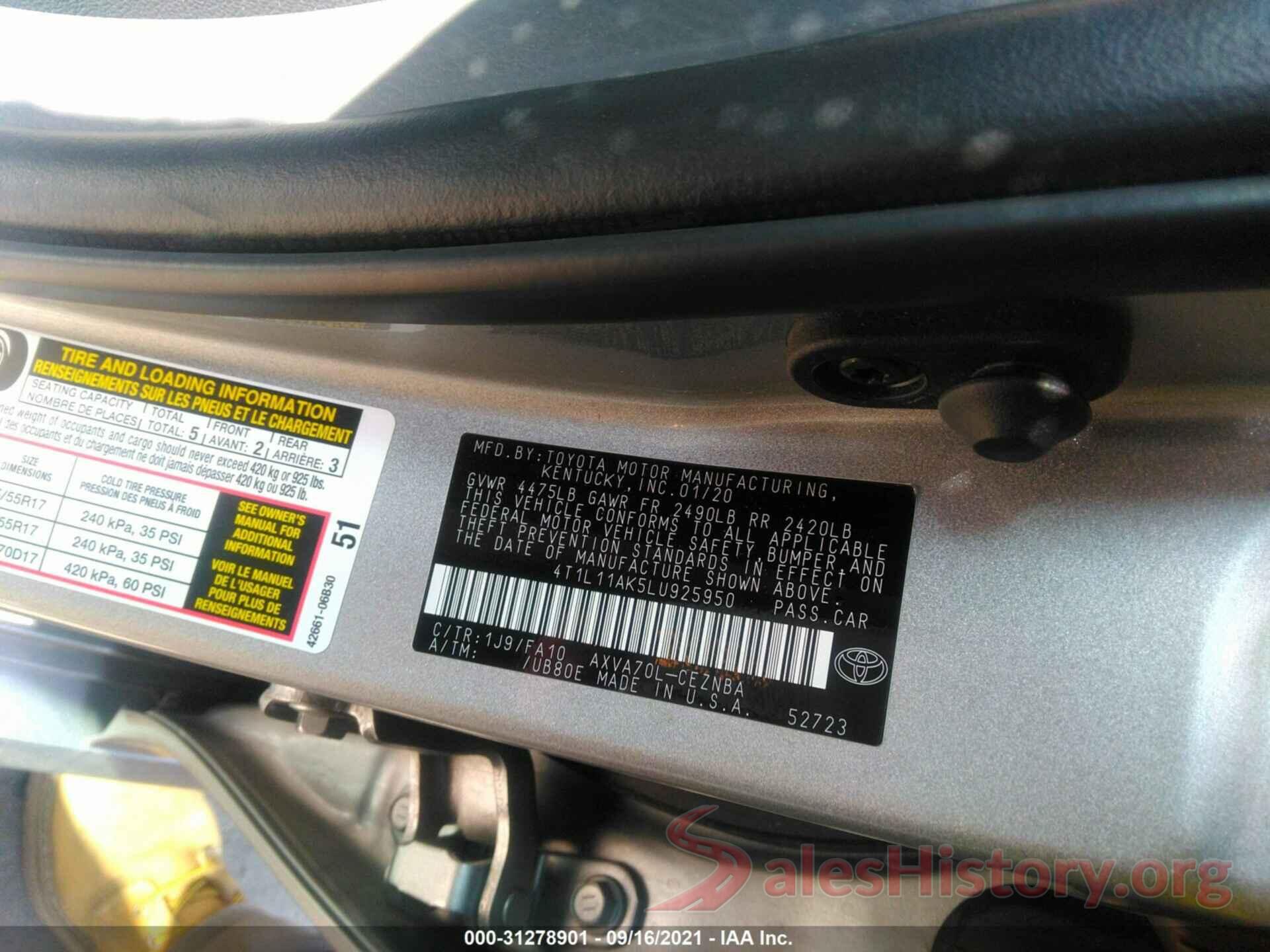 4T1L11AK5LU925950 2020 TOYOTA CAMRY