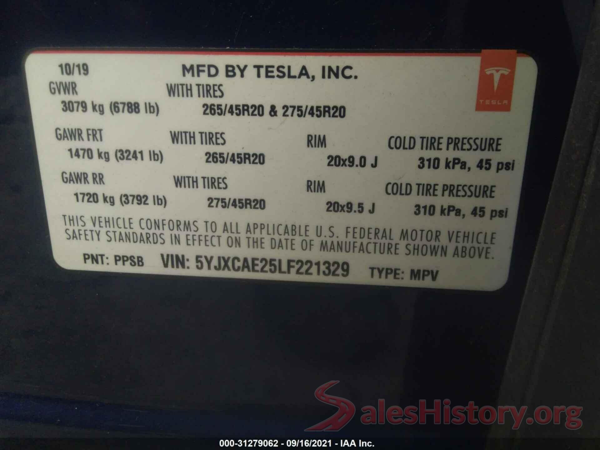 5YJXCAE25LF221329 2020 TESLA MODEL X