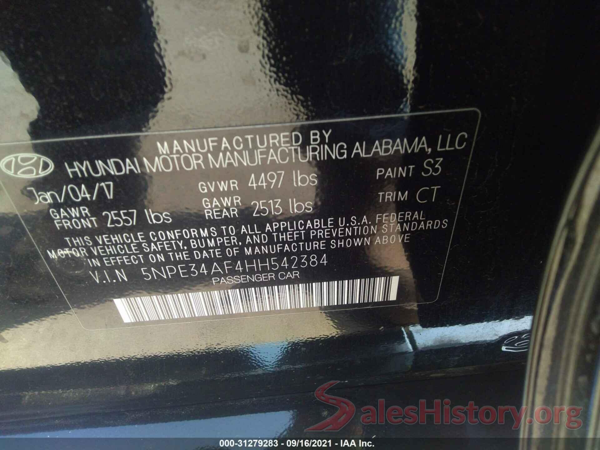 5NPE34AF4HH542384 2017 HYUNDAI SONATA