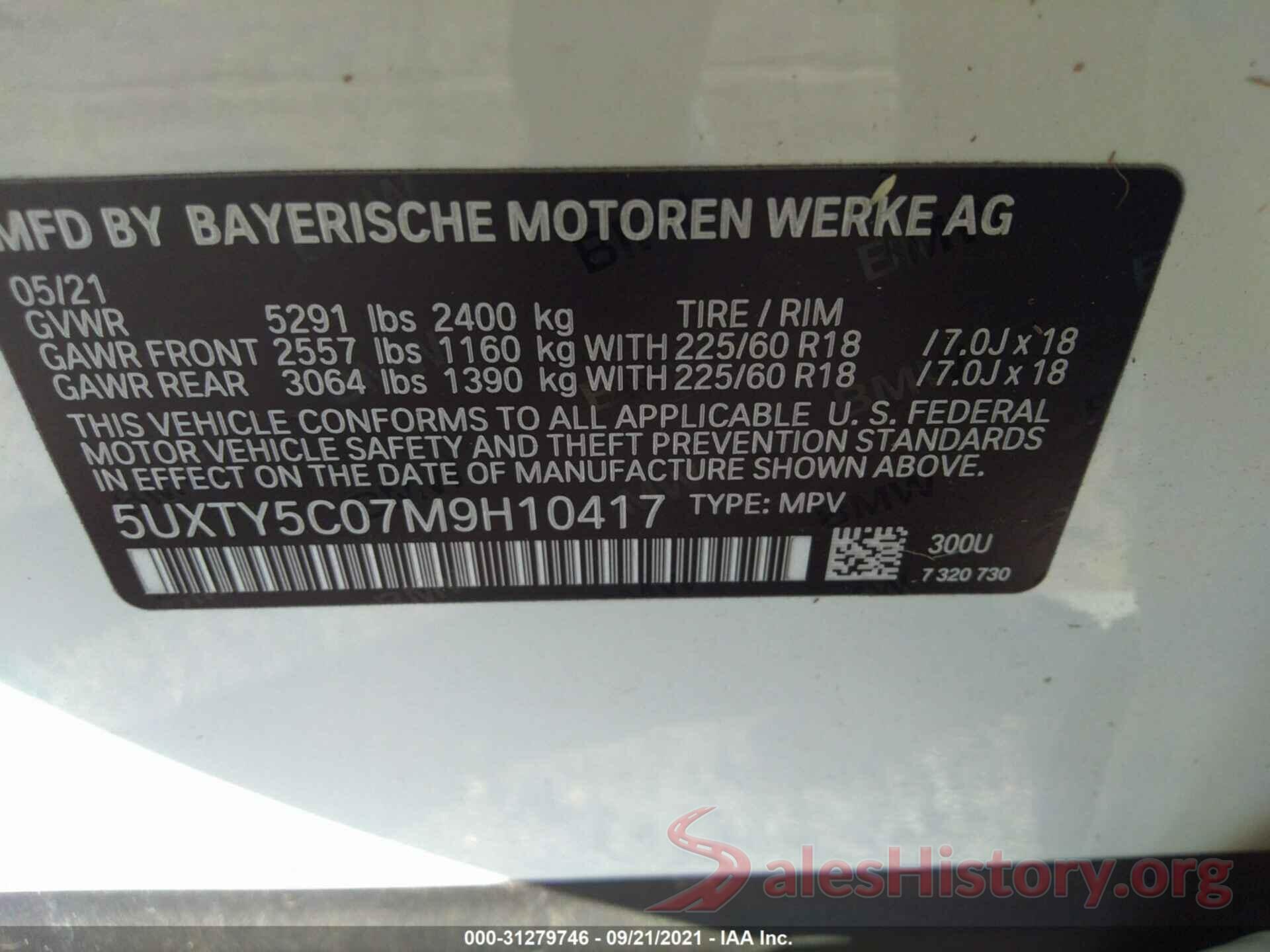 5UXTY5C07M9H10417 2021 BMW X3