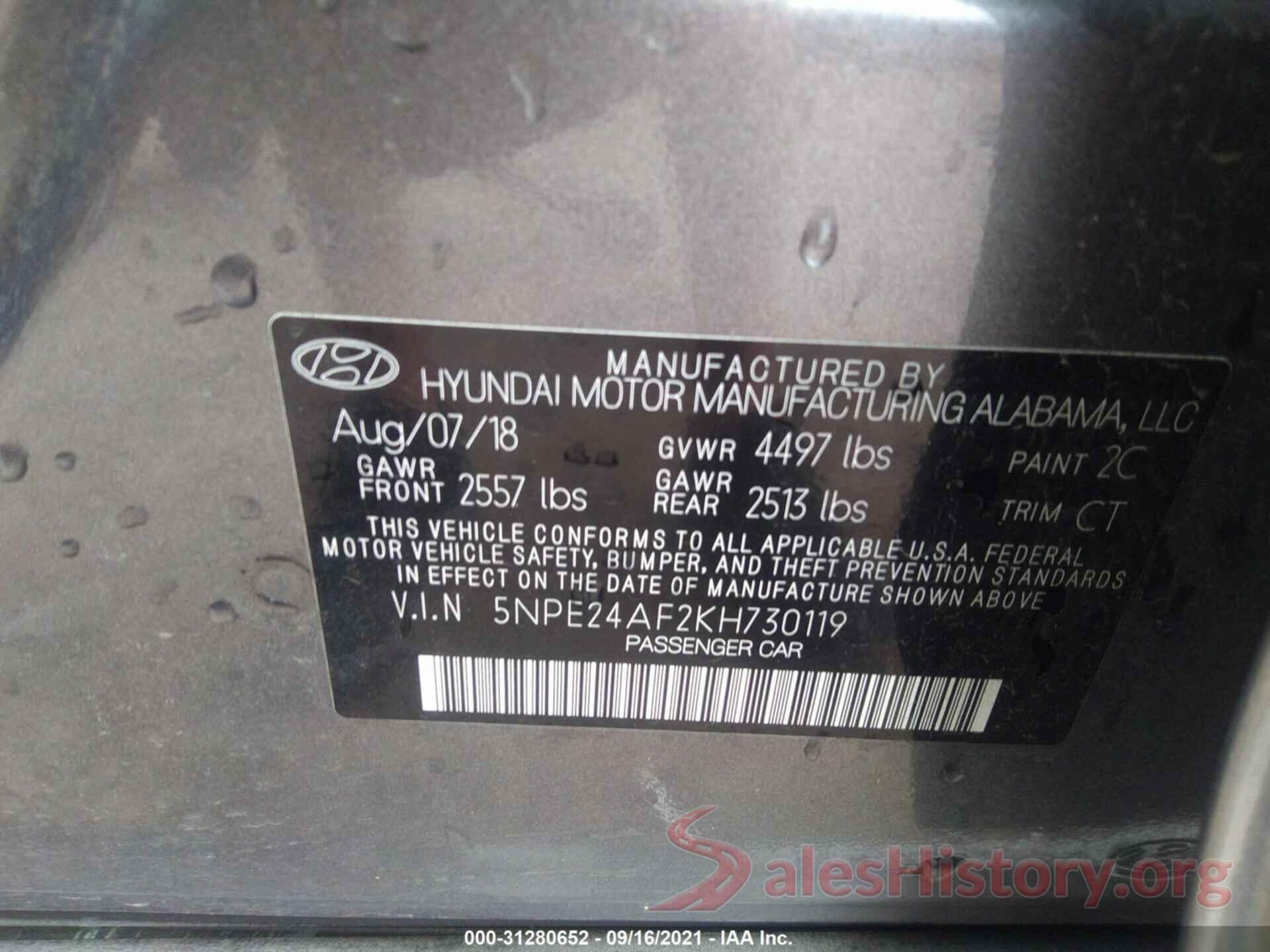 5NPE24AF2KH730119 2019 HYUNDAI SONATA