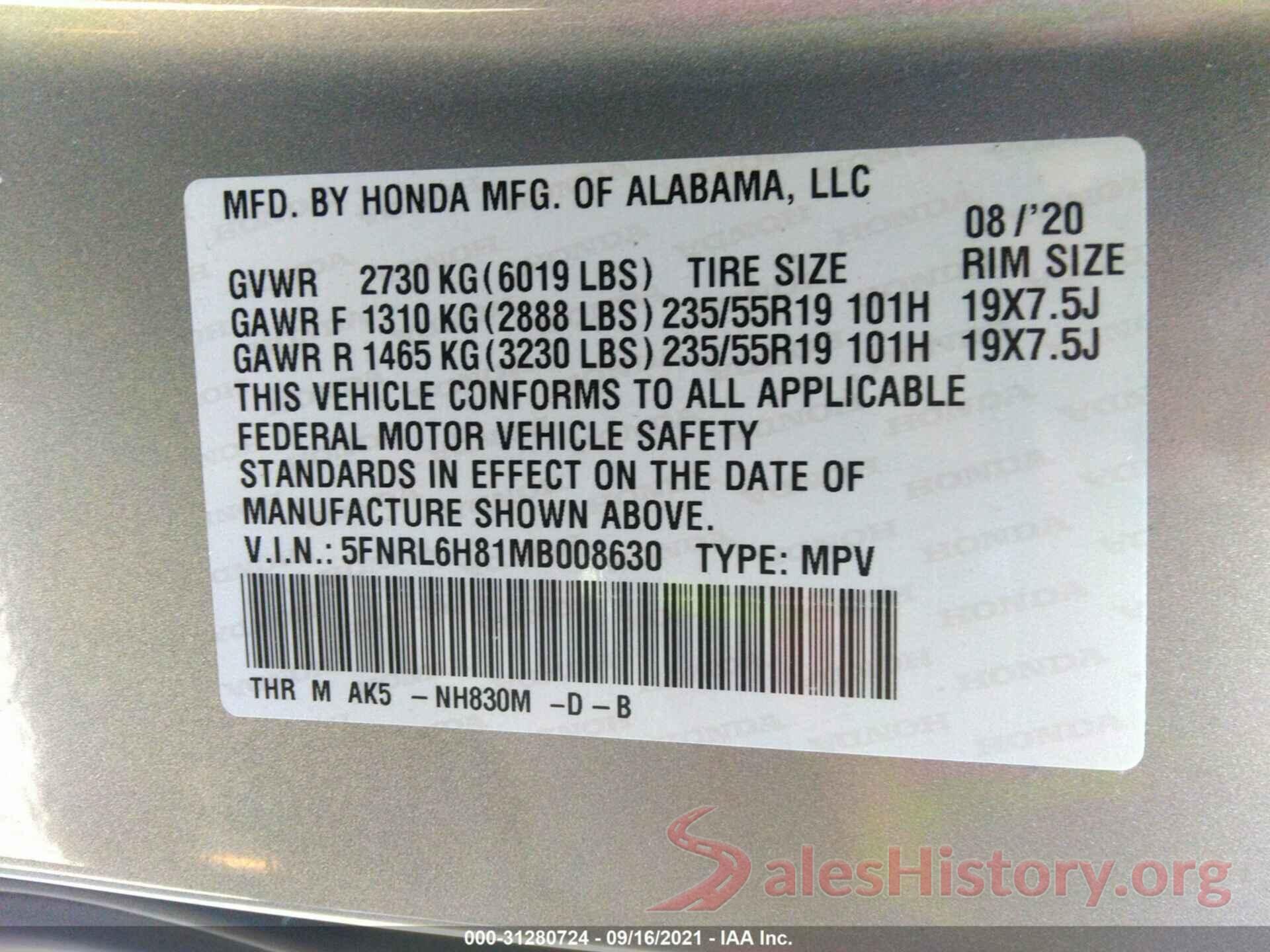 5FNRL6H81MB008630 2021 HONDA ODYSSEY