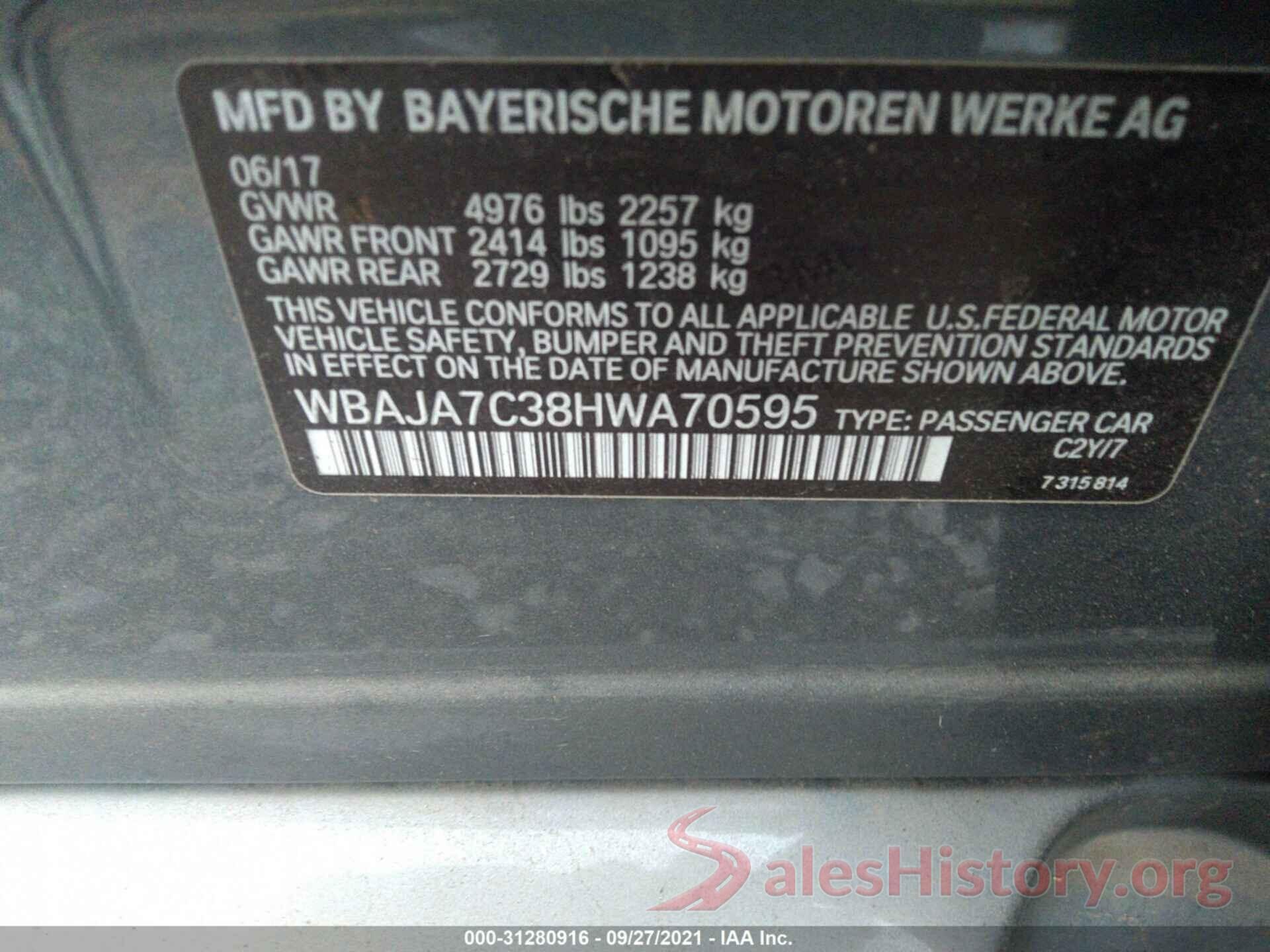 WBAJA7C38HWA70595 2017 BMW 5 SERIES