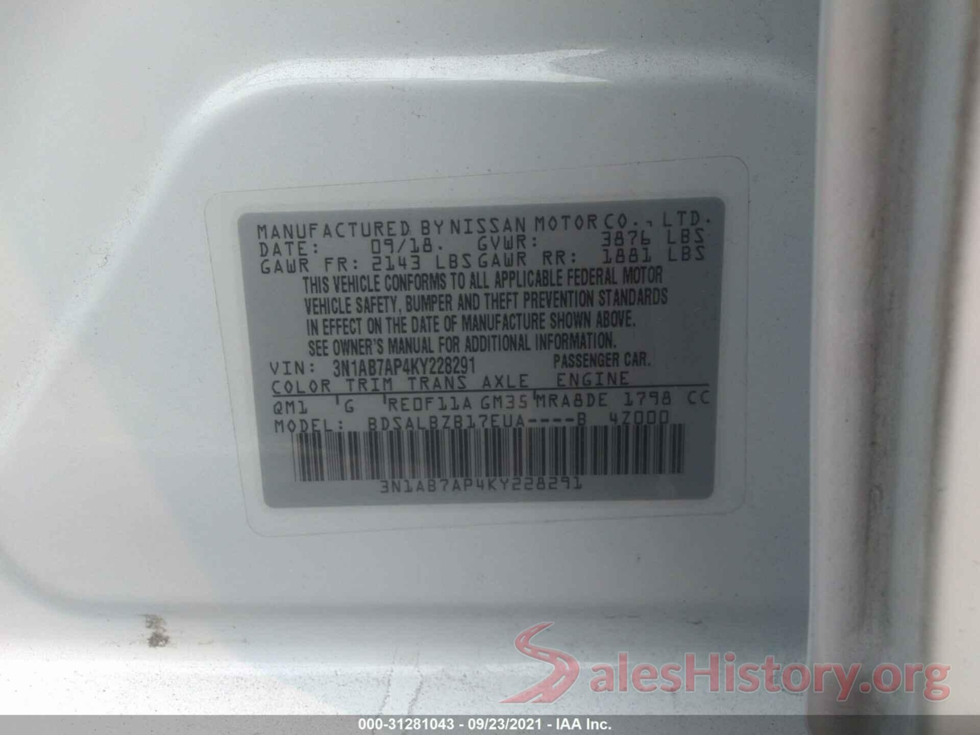 3N1AB7AP4KY228291 2019 NISSAN SENTRA