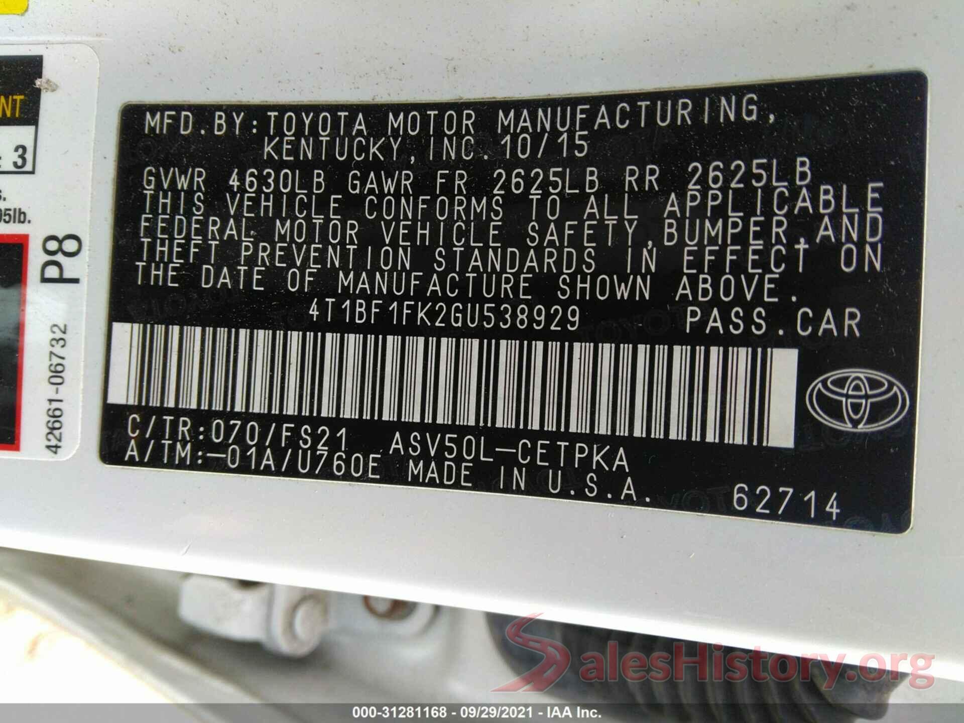 4T1BF1FK2GU538929 2016 TOYOTA CAMRY