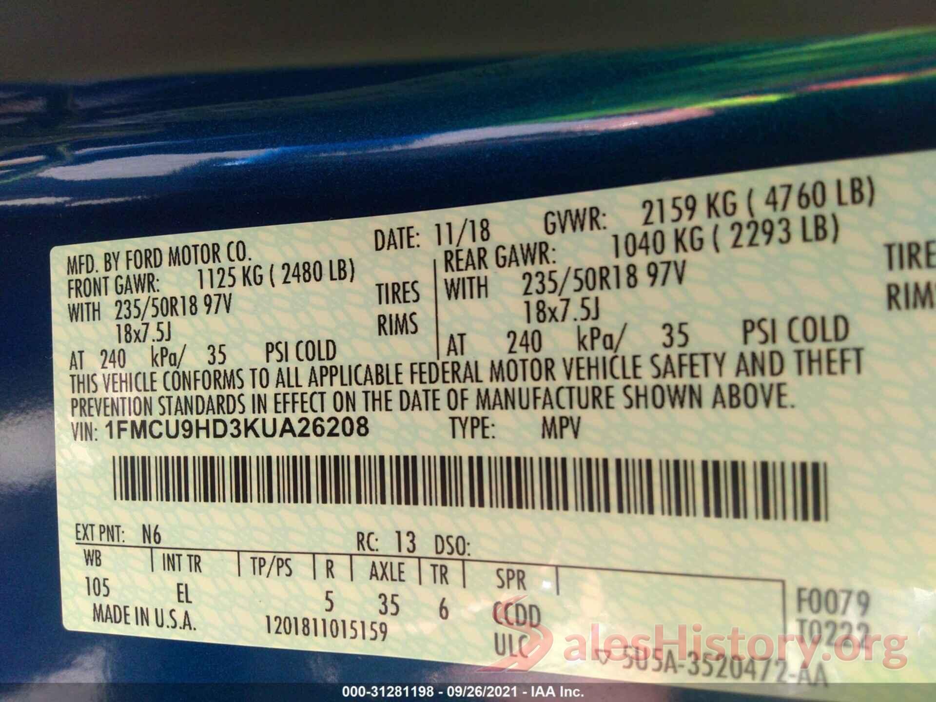 1FMCU9HD3KUA26208 2019 FORD ESCAPE