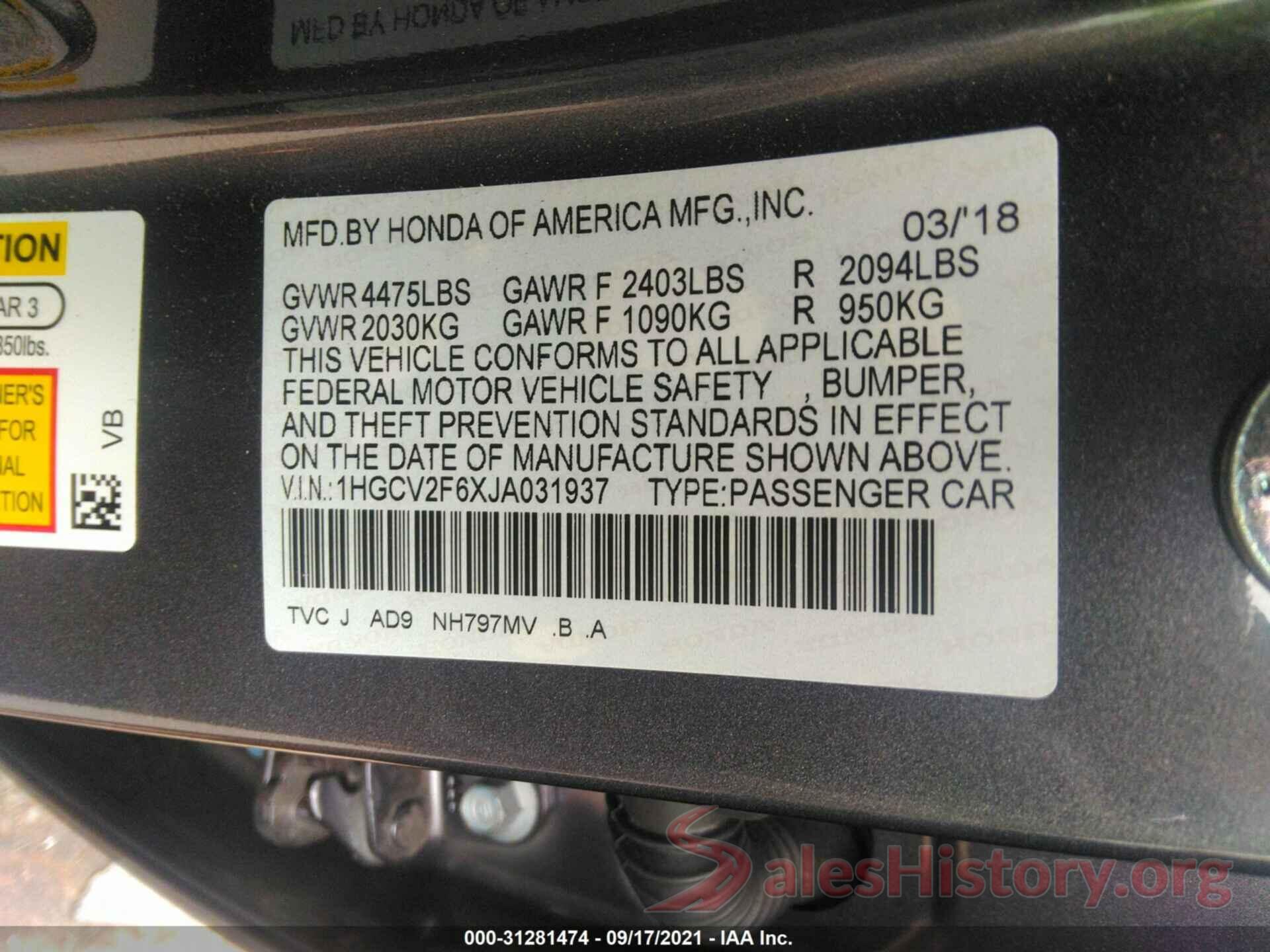 1HGCV2F6XJA031937 2018 HONDA ACCORD SEDAN