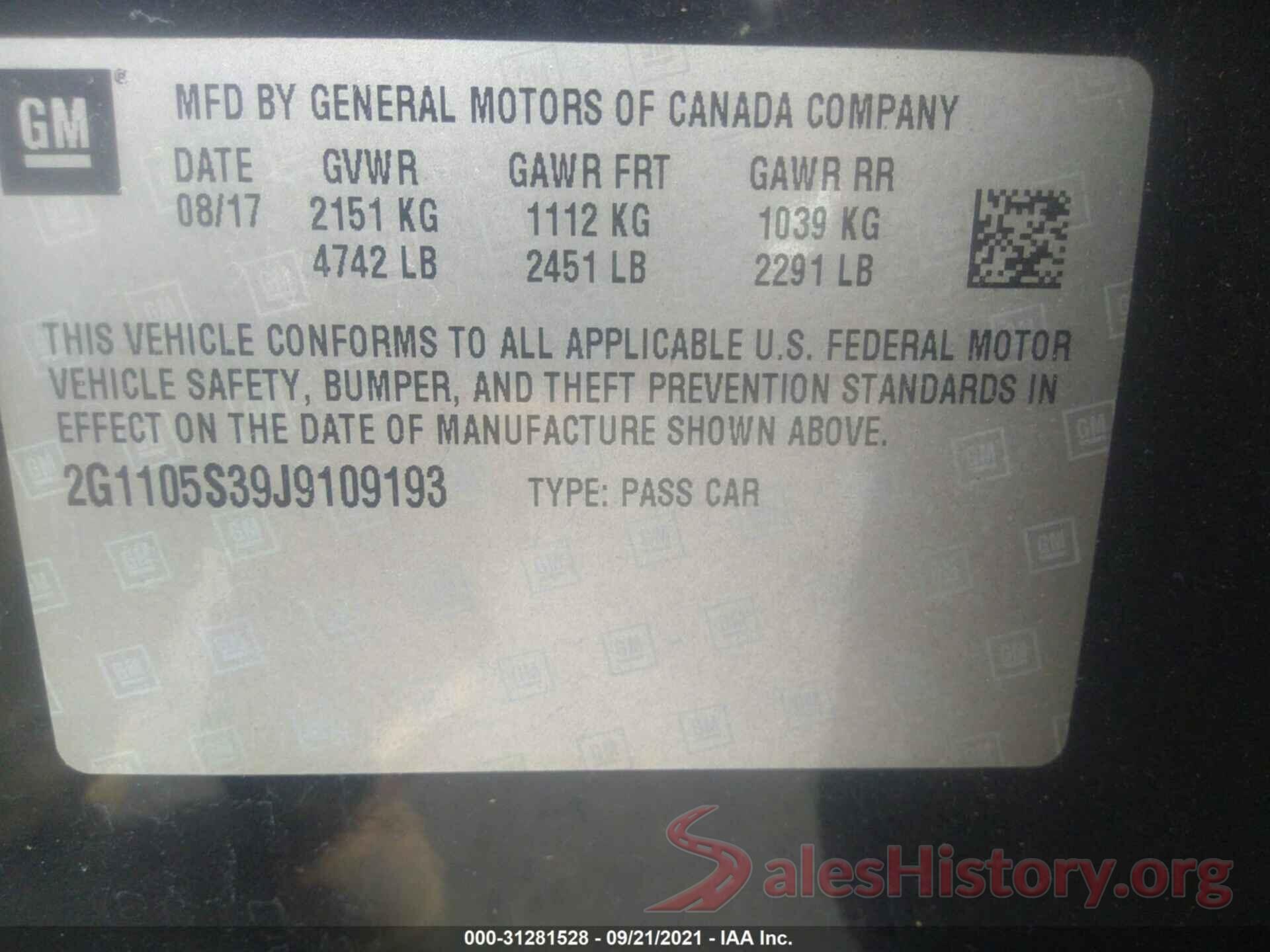 2G1105S39J9109193 2018 CHEVROLET IMPALA