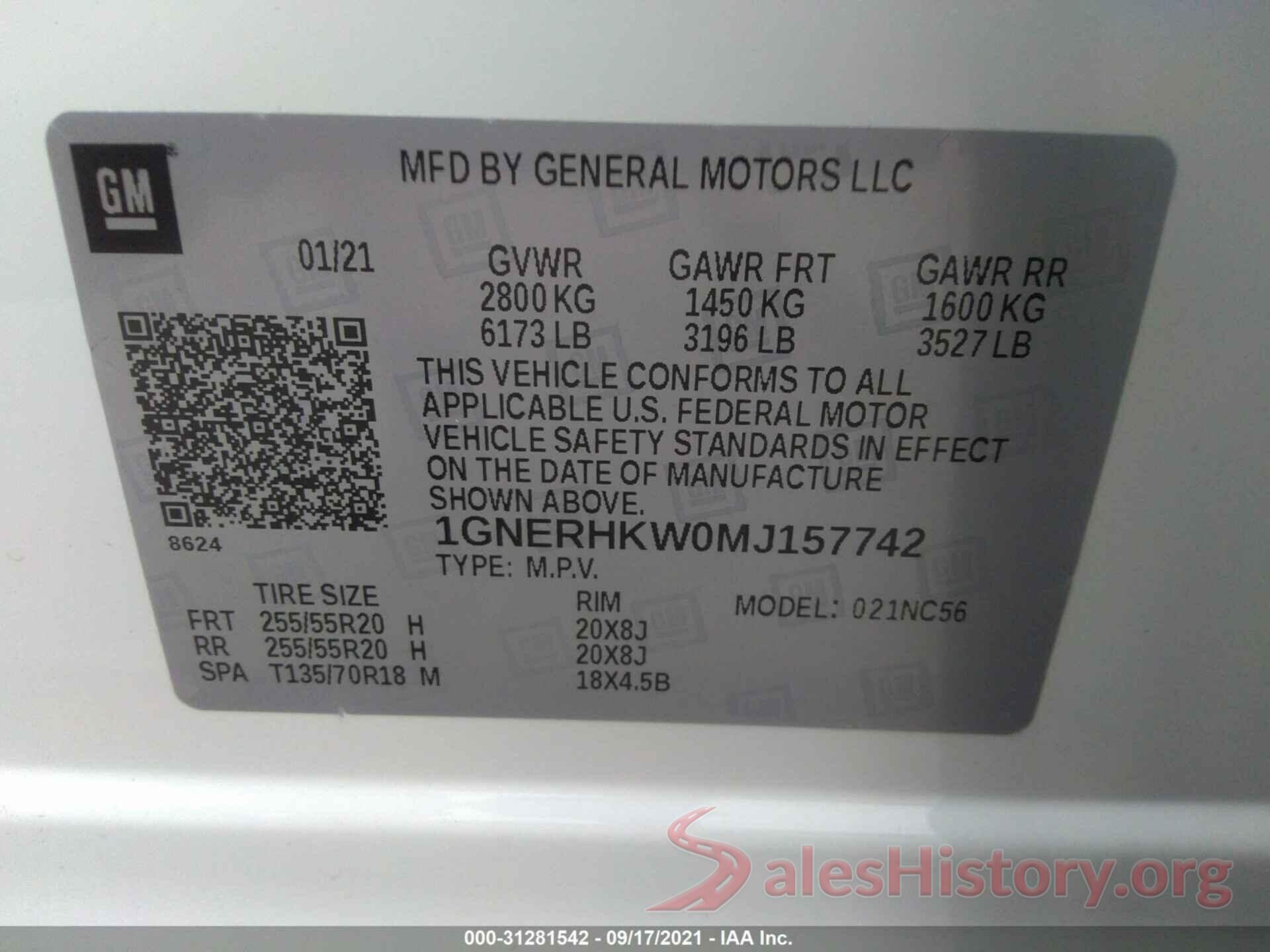 1GNERHKW0MJ157742 2021 CHEVROLET TRAVERSE