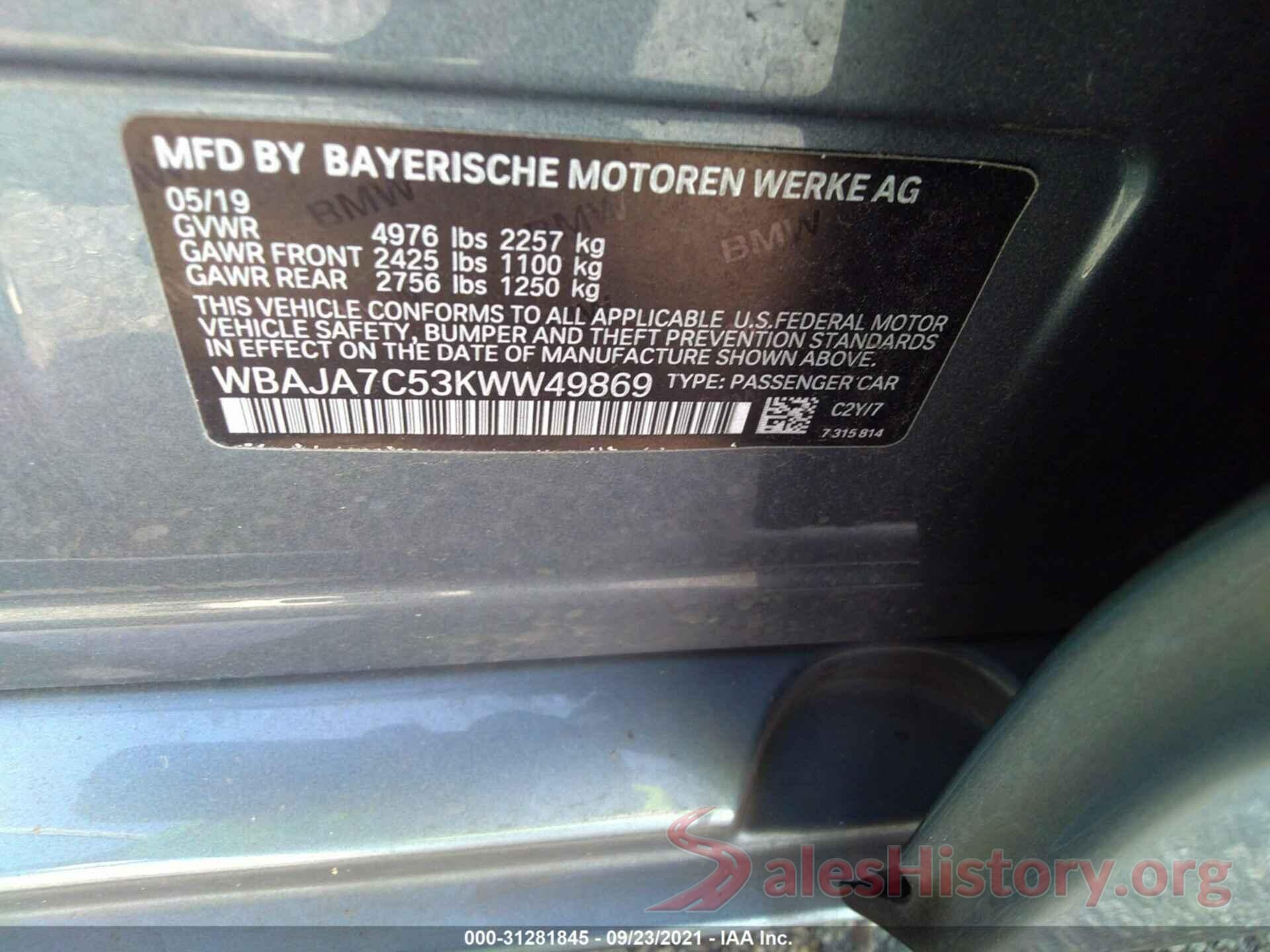 WBAJA7C53KWW49869 2019 BMW 5 SERIES