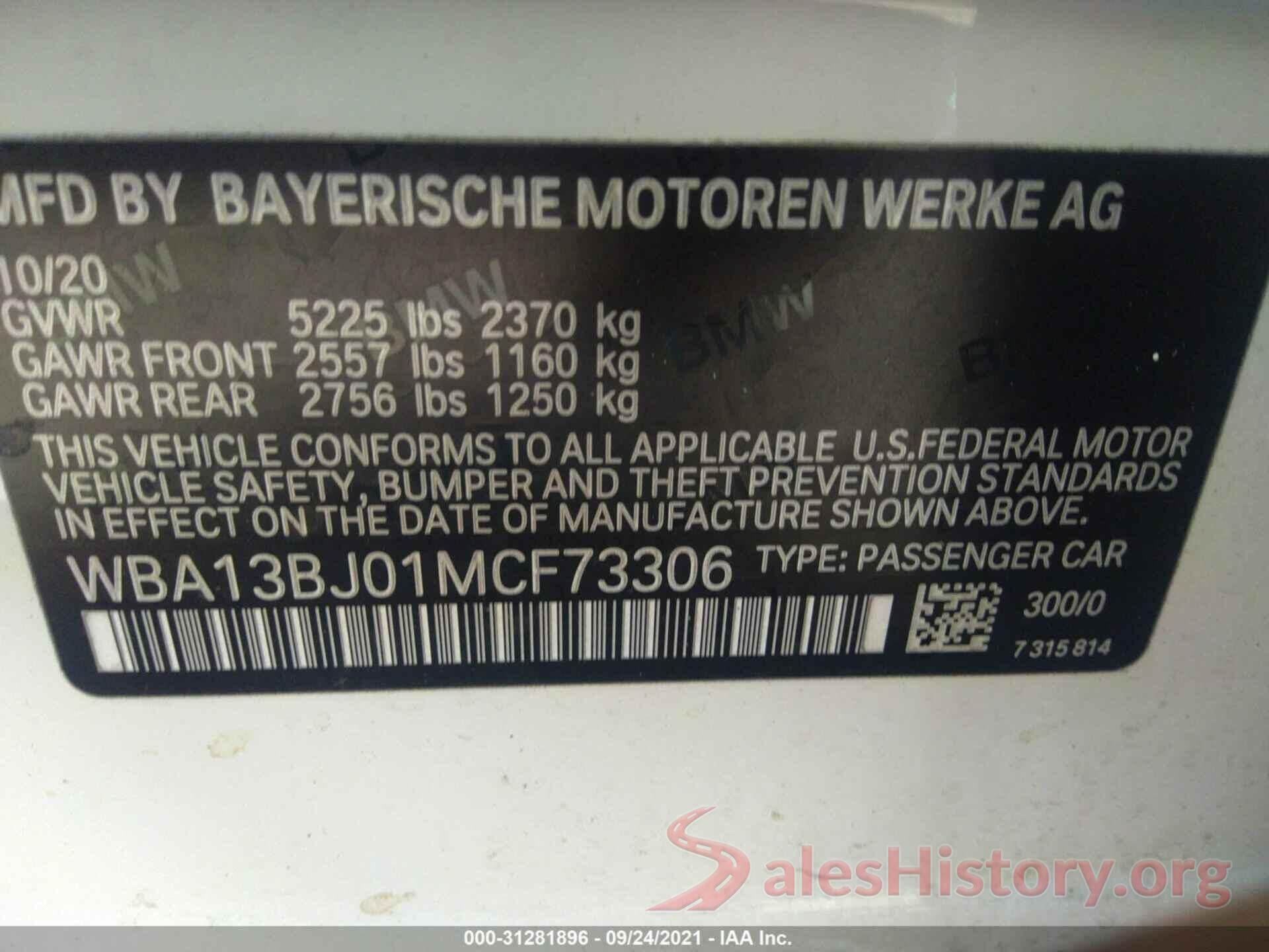 WBA13BJ01MCF73306 2021 BMW 5 SERIES