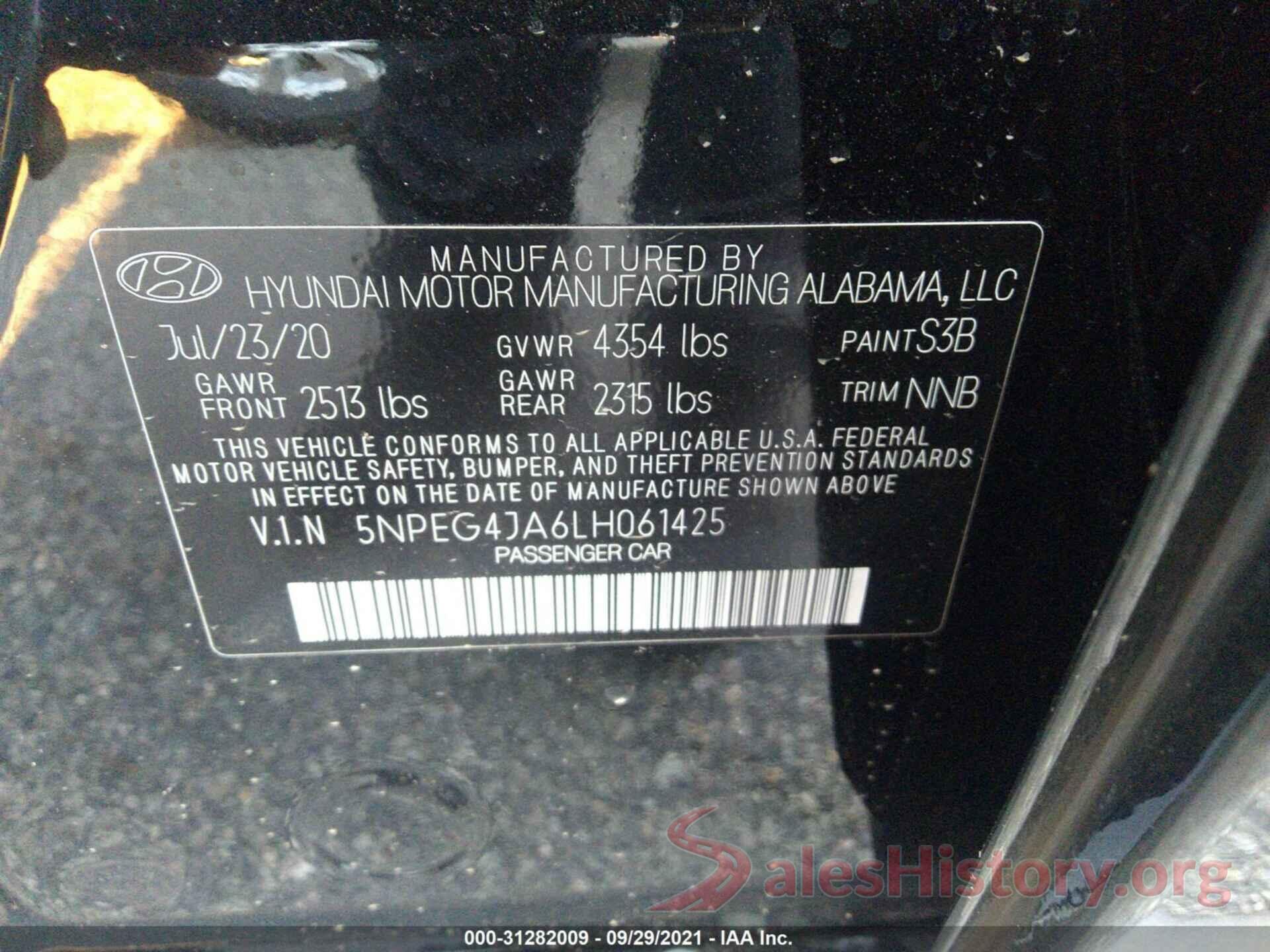 5NPEG4JA6LH061425 2020 HYUNDAI SONATA