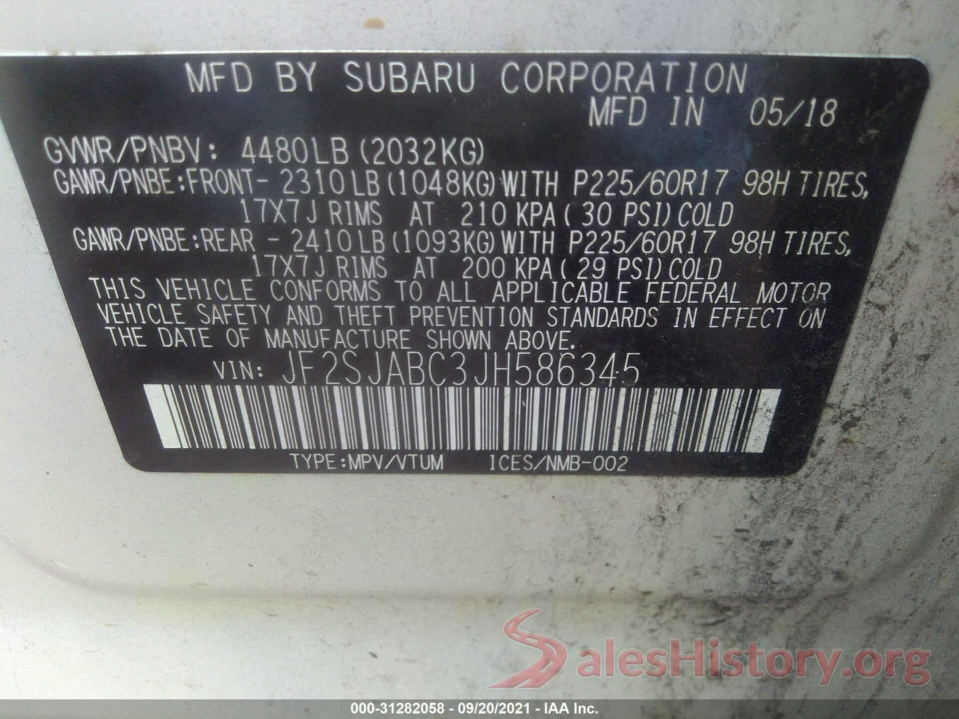 JF2SJABC3JH586345 2018 SUBARU FORESTER