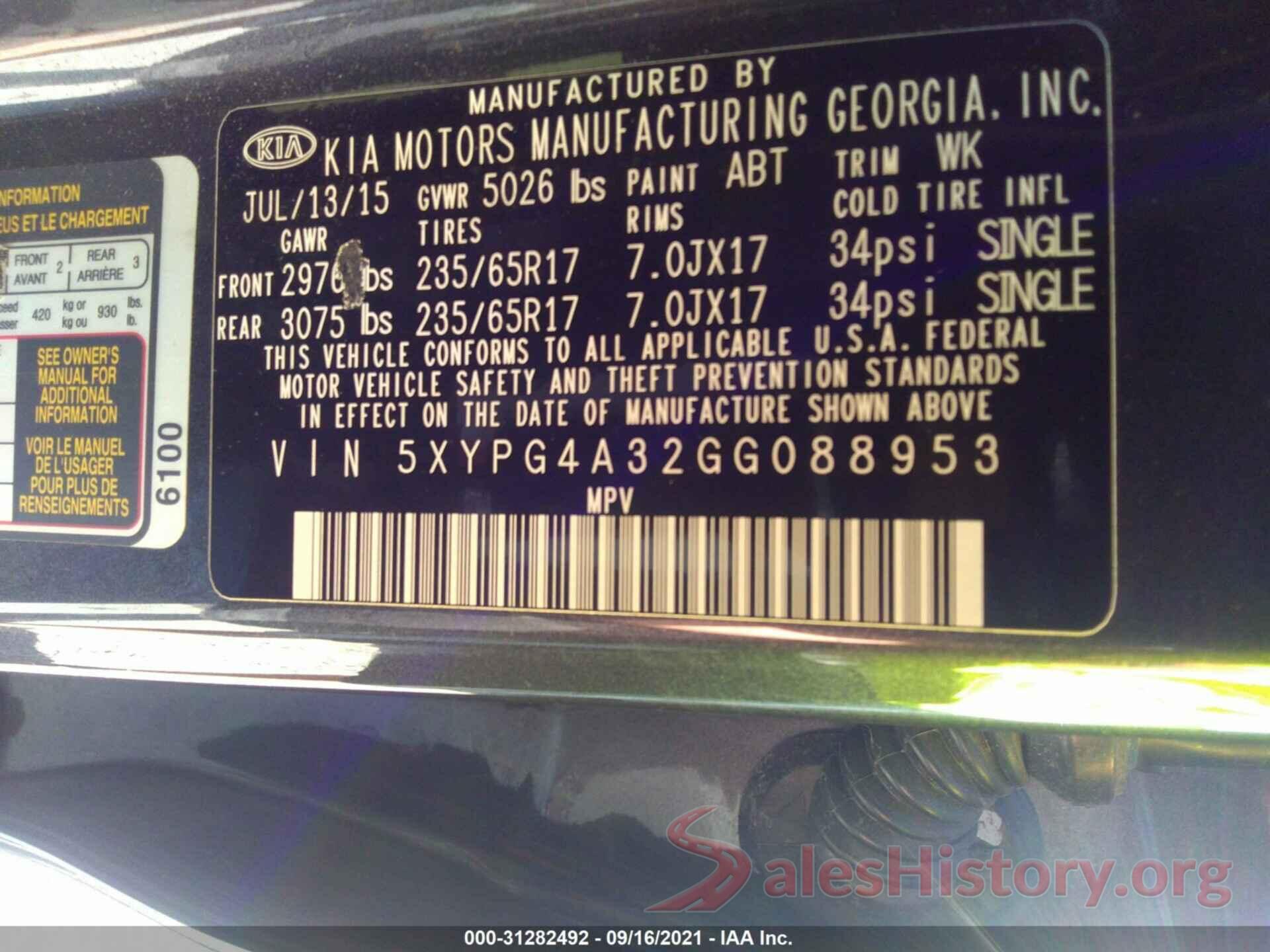 5XYPG4A32GG088953 2016 KIA SORENTO