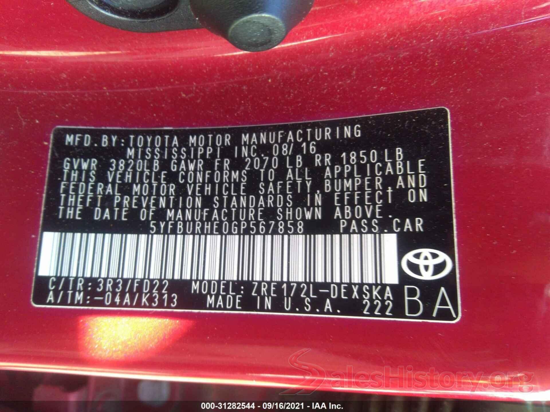 5YFBURHE0GP567858 2016 TOYOTA COROLLA