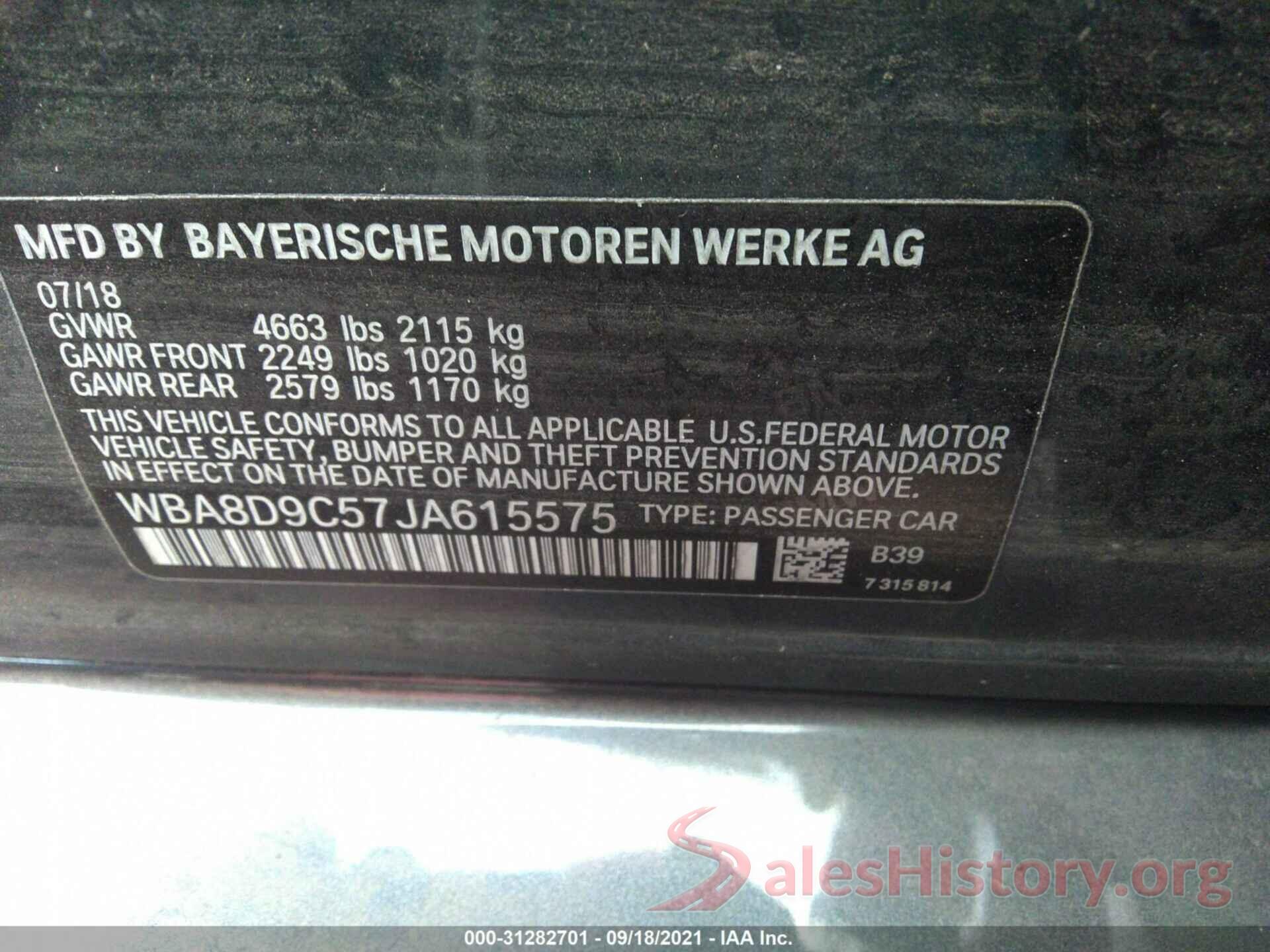 WBA8D9C57JA615575 2018 BMW 3 SERIES