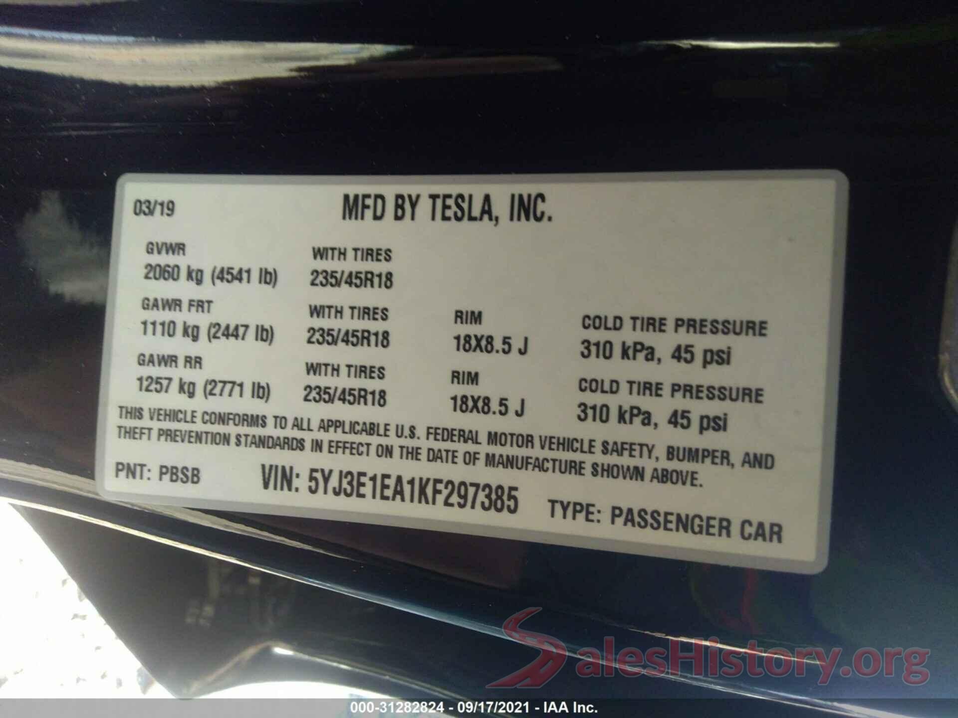 5YJ3E1EA1KF297385 2019 TESLA MODEL 3