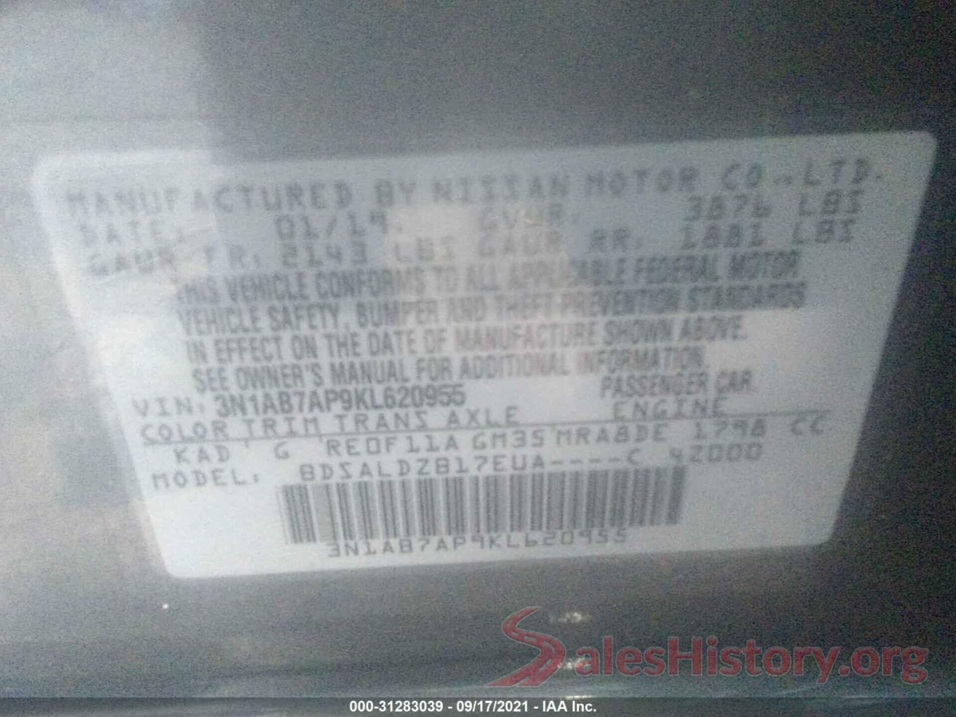 3N1AB7AP9KL620955 2019 NISSAN SENTRA