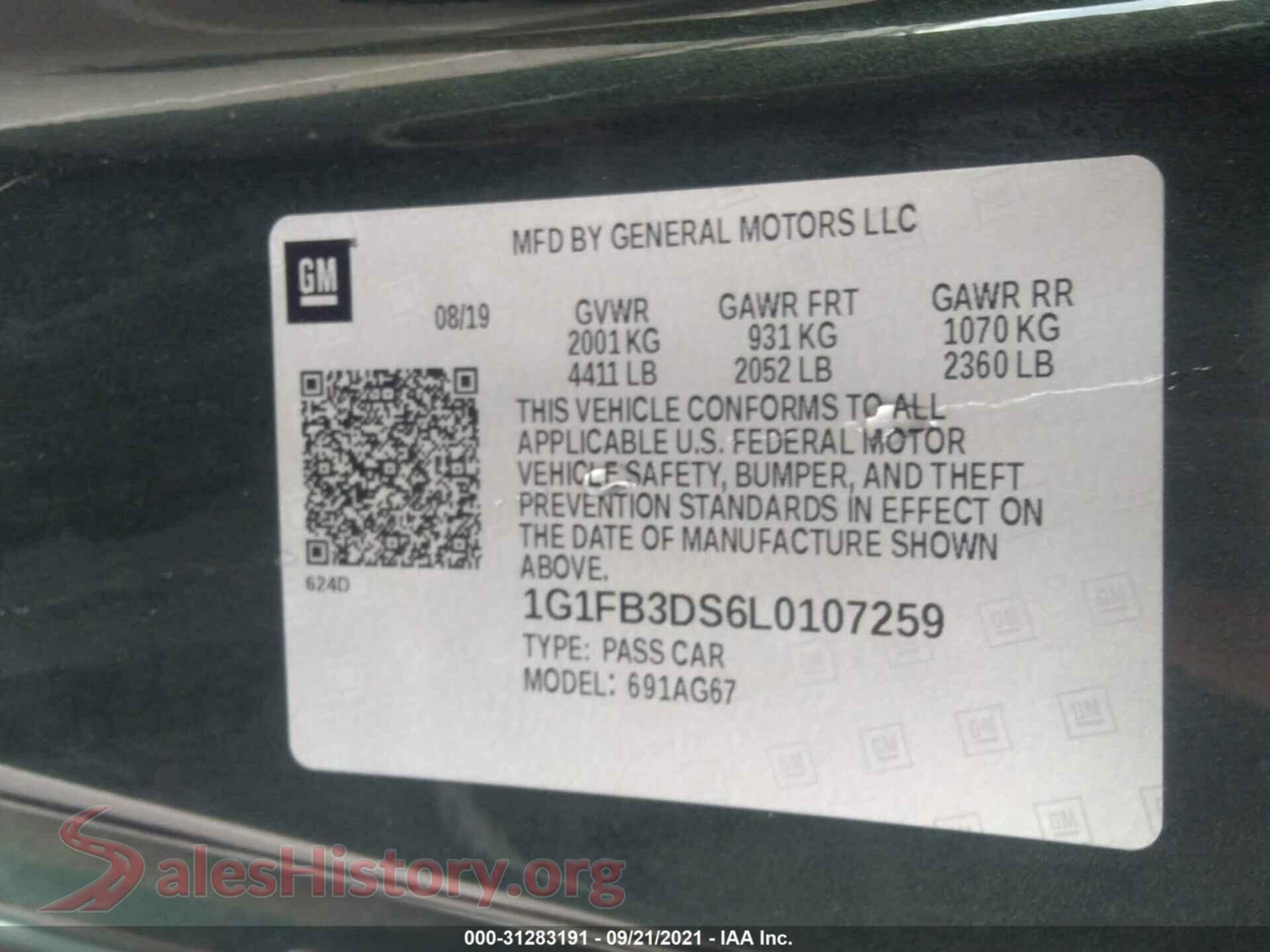 2020 CHEVROLET CAMARO VIN 1G1FB3DS6L0107259, engine bay