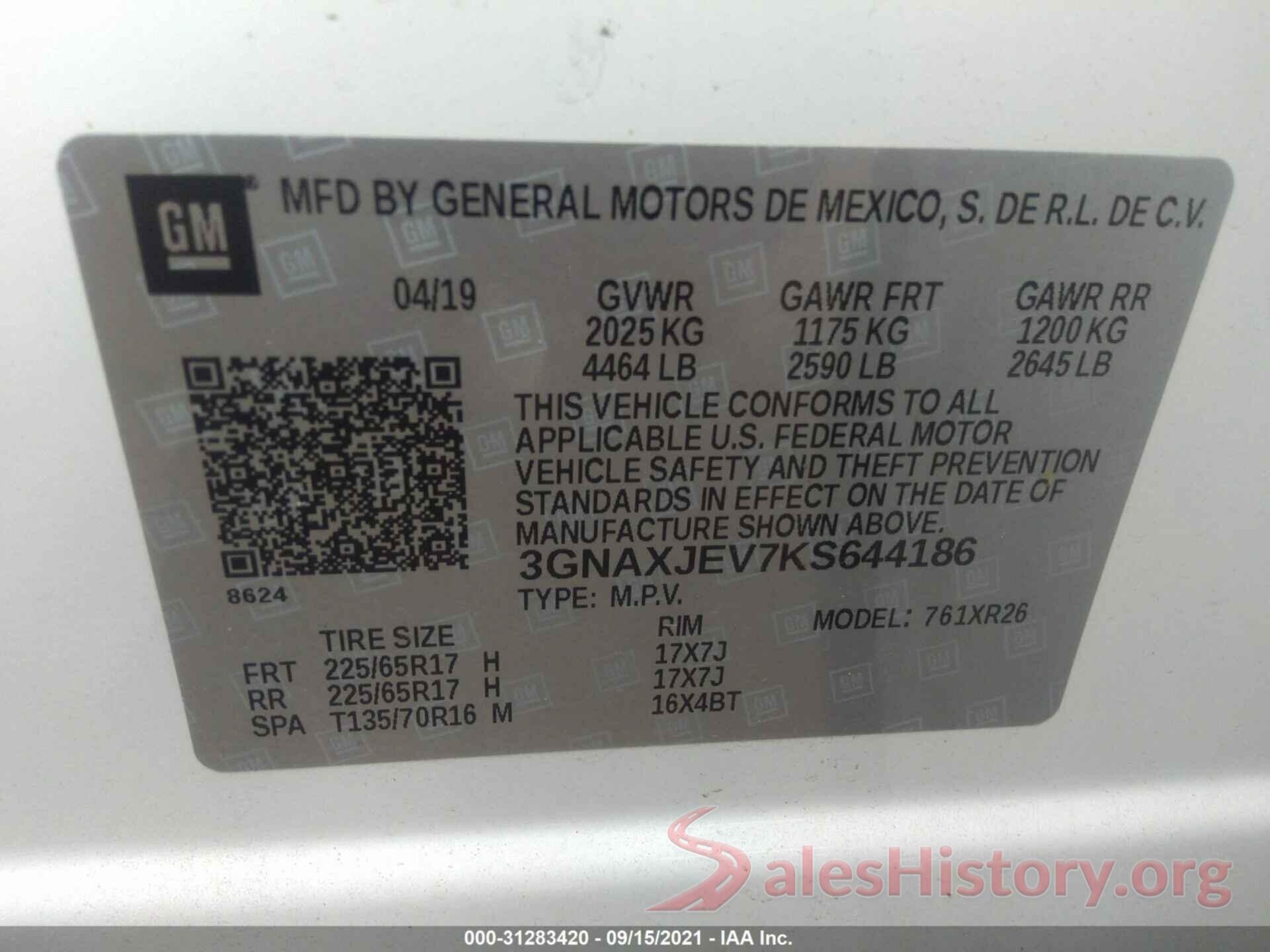 3GNAXJEV7KS644186 2019 CHEVROLET EQUINOX