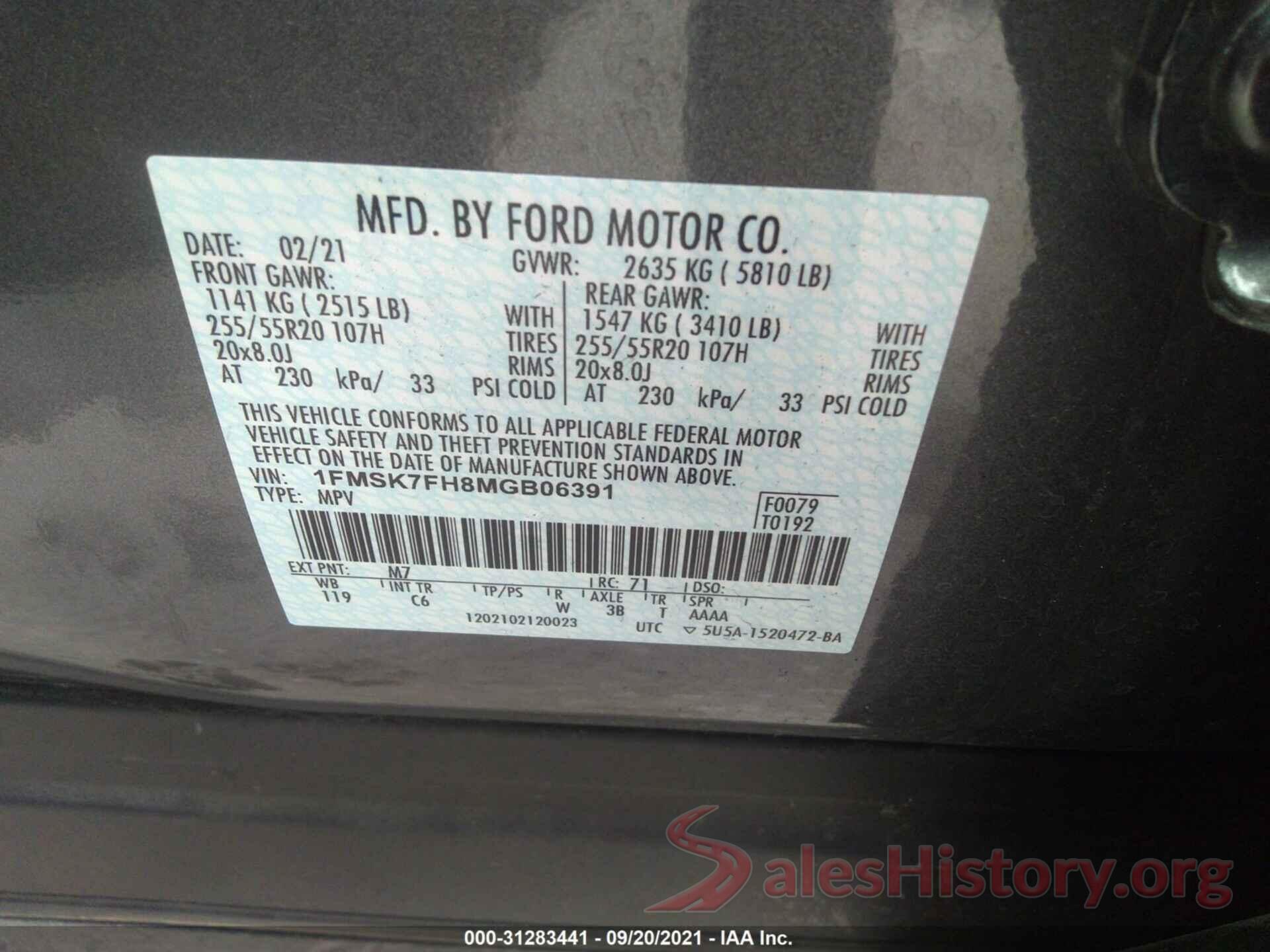 1FMSK7FH8MGB06391 2021 FORD EXPLORER