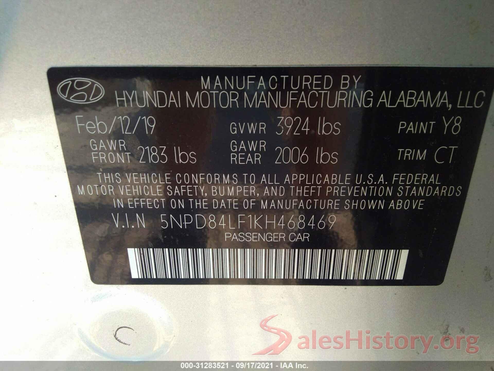 5NPD84LF1KH468469 2019 HYUNDAI ELANTRA