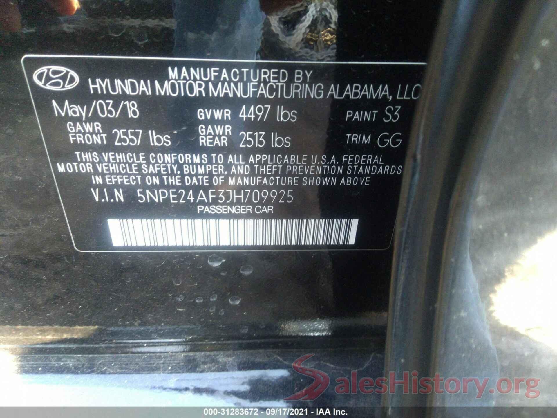 5NPE24AF3JH709925 2018 HYUNDAI SONATA