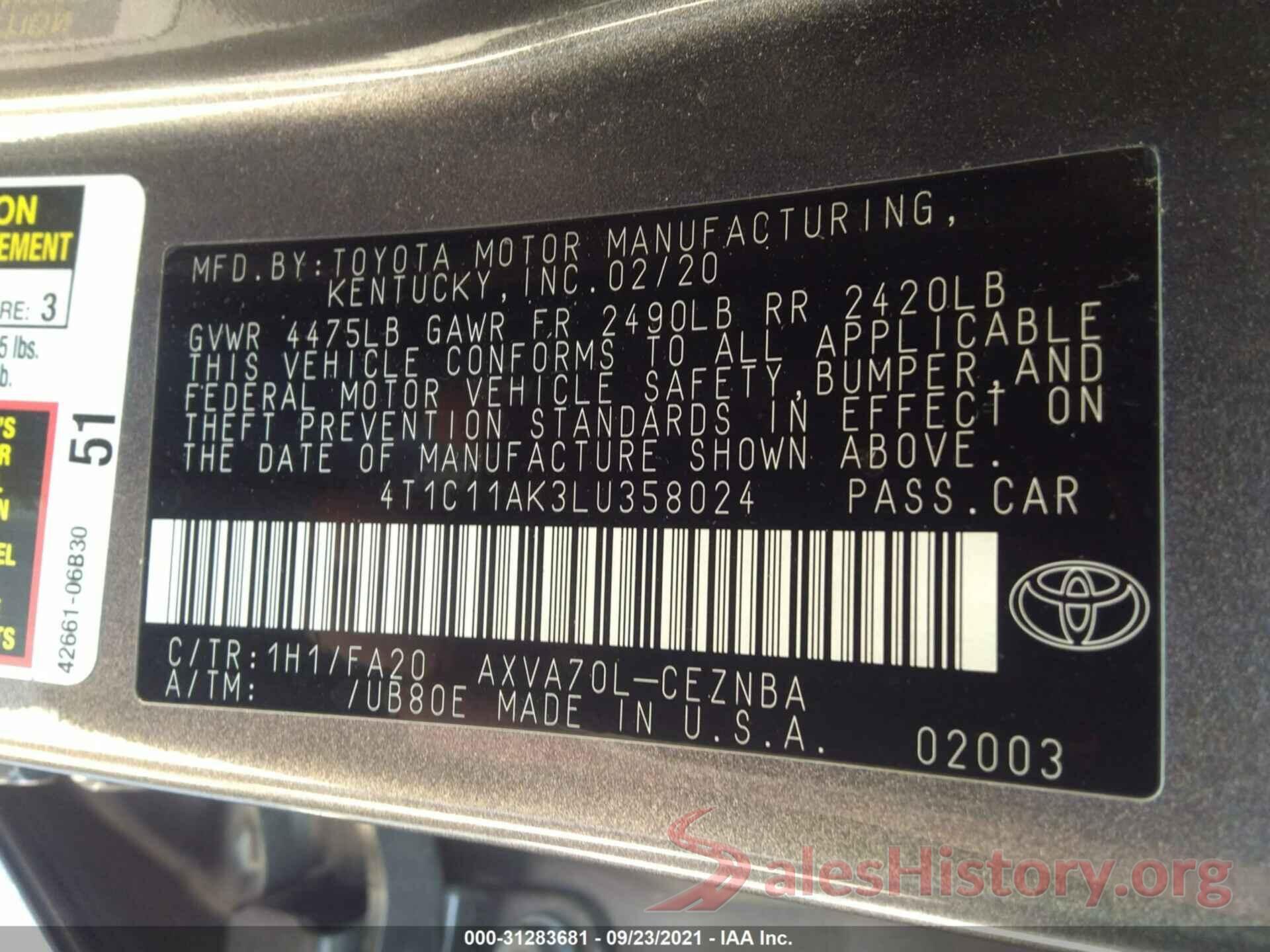 4T1C11AK3LU358024 2020 TOYOTA CAMRY