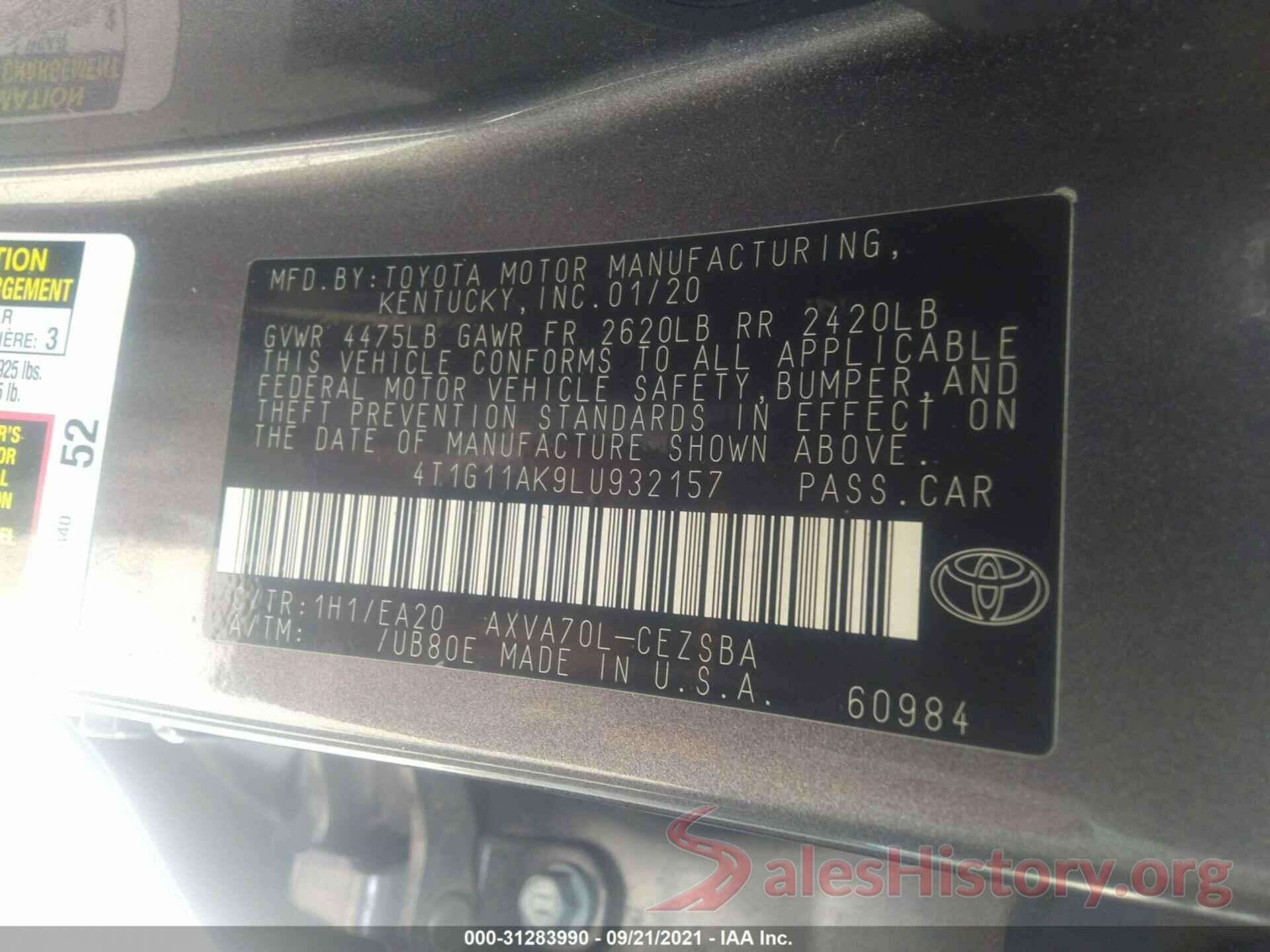 4T1G11AK9LU932157 2020 TOYOTA CAMRY